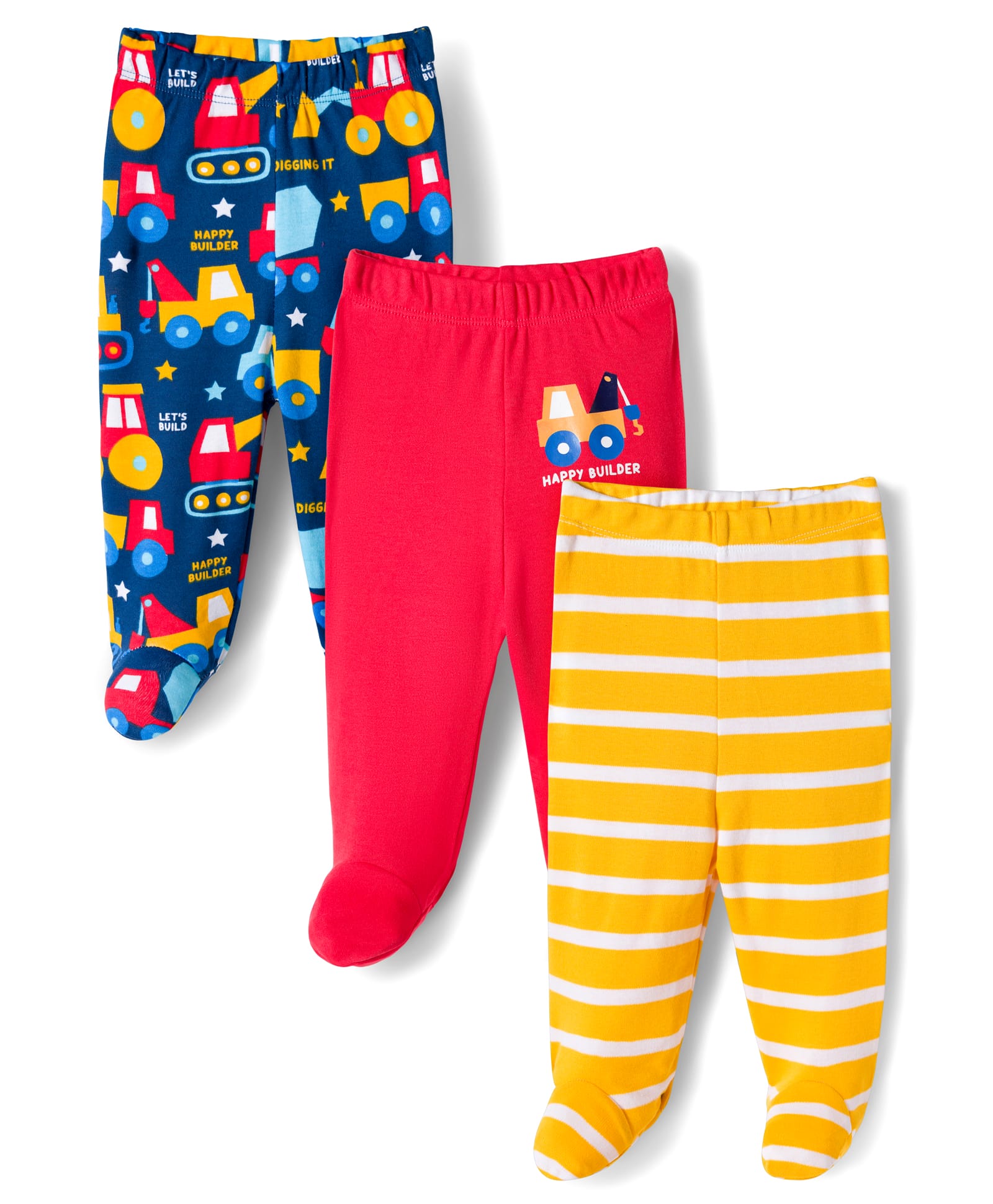 Babyhug Cotton Knit Footed Bootie Leggings with Construction Vehicle Print & Stripes Pack of 3 - Red Yellow & Navy Blue-picture-25