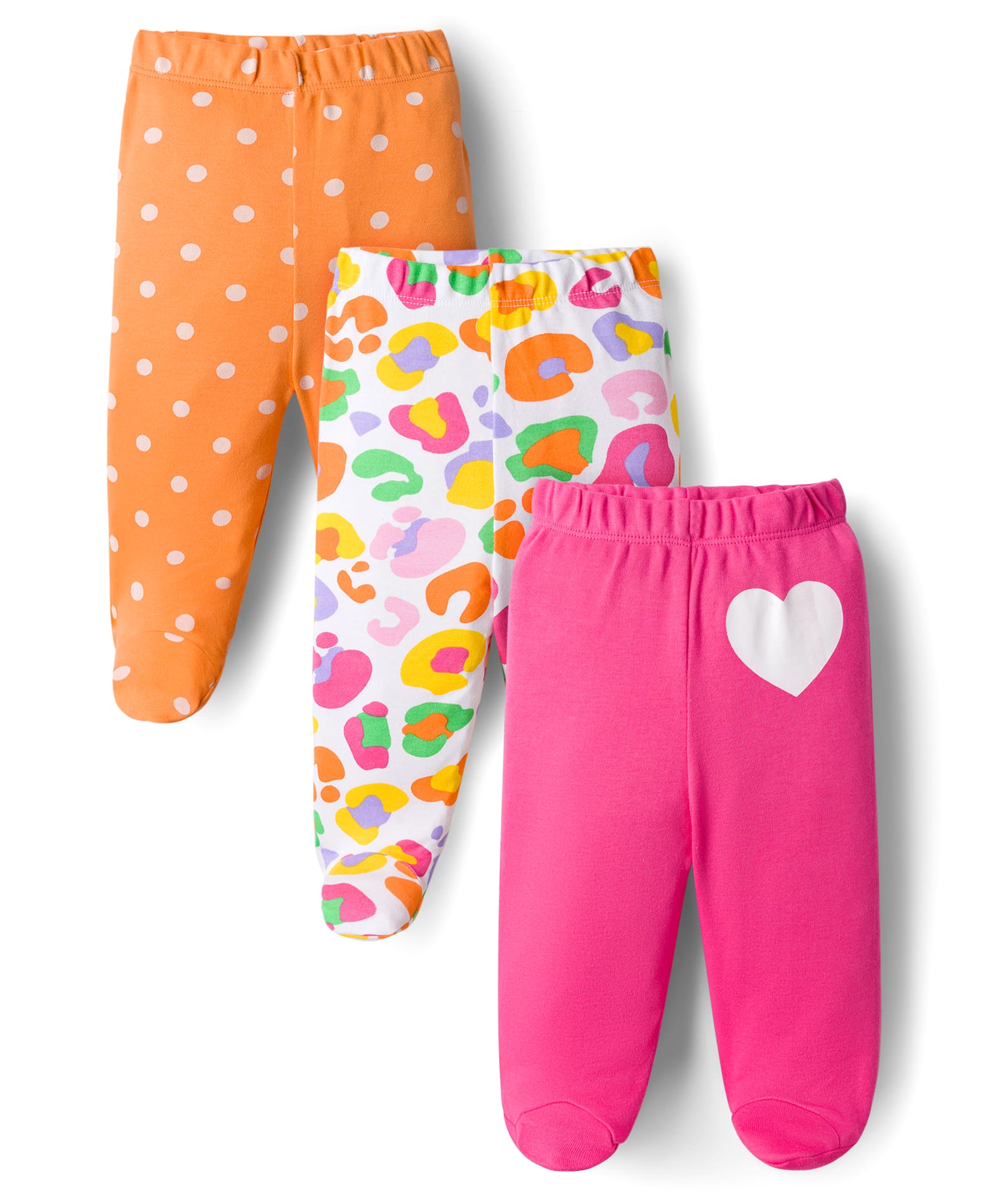 Babyhug Cotton Knit Footed Bootie Leggings with Heart & Polka Dot Print Pack of 3 - Orange Dark Pink & White-image-8
