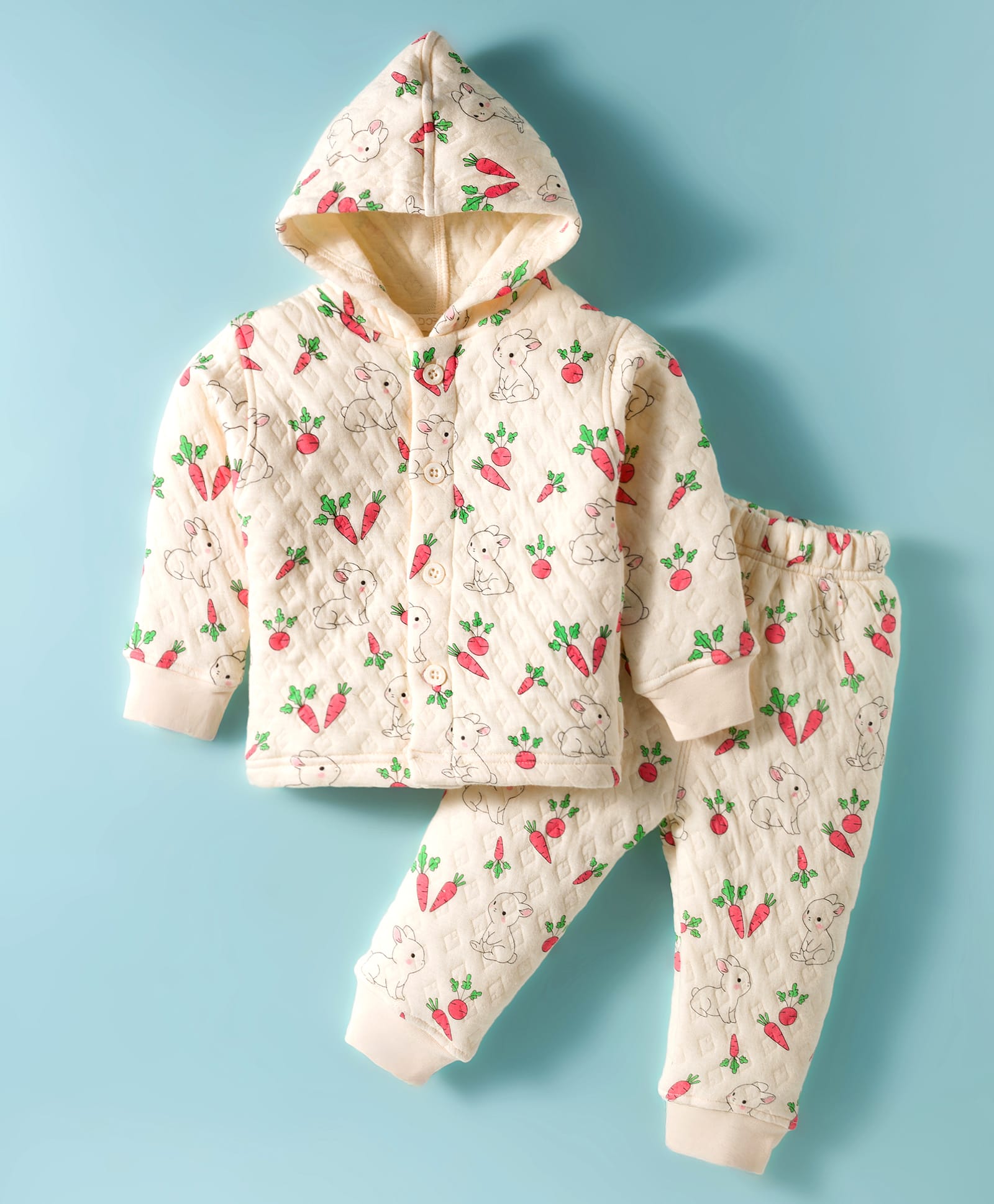Doreme Knit Full Sleeves Co-Ord Hooded Winter Wear T-Shirt & Joggers Set With Bunny Print - Cream-picture-16