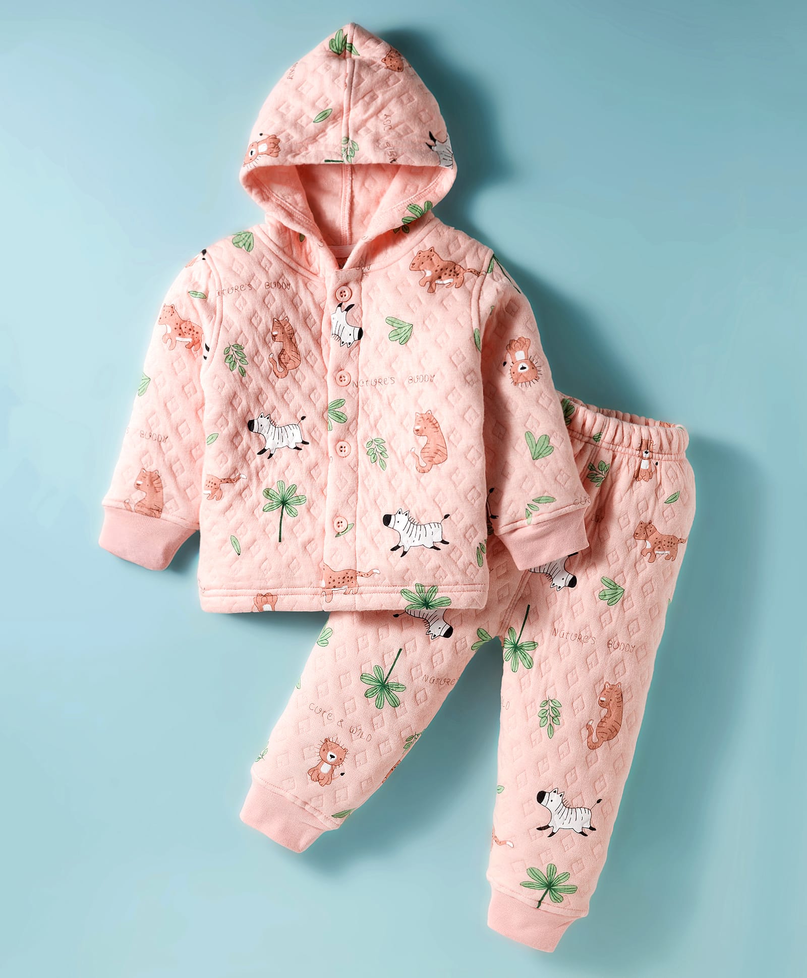 Doreme Knit Full Sleeves Co-Ord Hooded Winter Wear T-Shirt & Joggers Set With Animal Print - Peach-picture-11