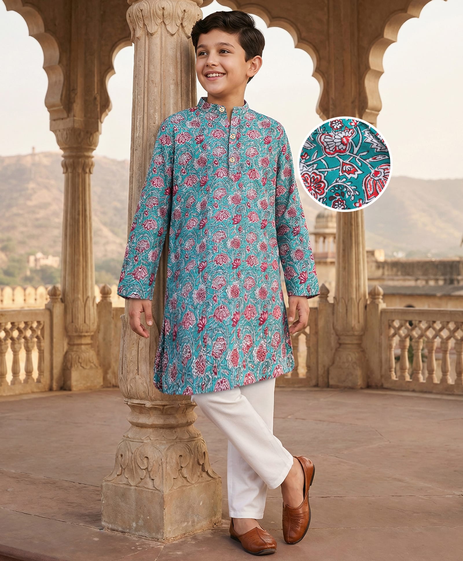 Pine Kids Cotton Woven Full Sleeves Kurta Pajama Set with Floral Print - Light Blue-image-30