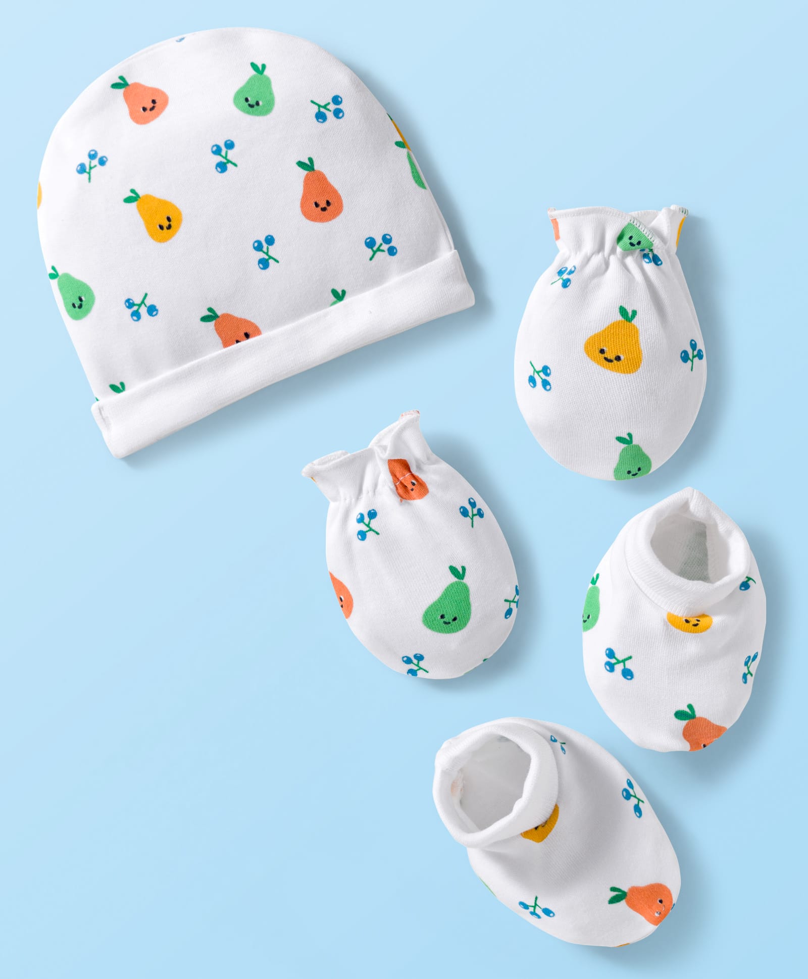 Babyhug 100% Cotton Knit Cap Mittens & Booties Set with Tropical Theme Print White - Diameter 15 cm-image-18