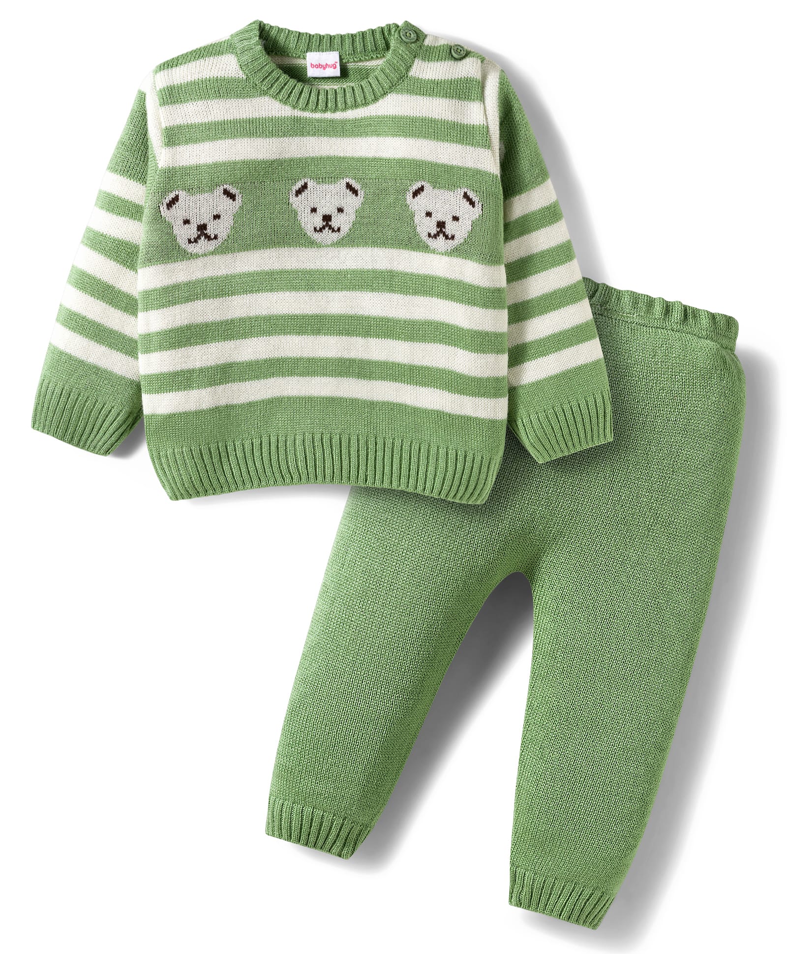 Babyhug Knitted Full Sleeves Sweater Set With Teddy Bear Design - Green-picture-22