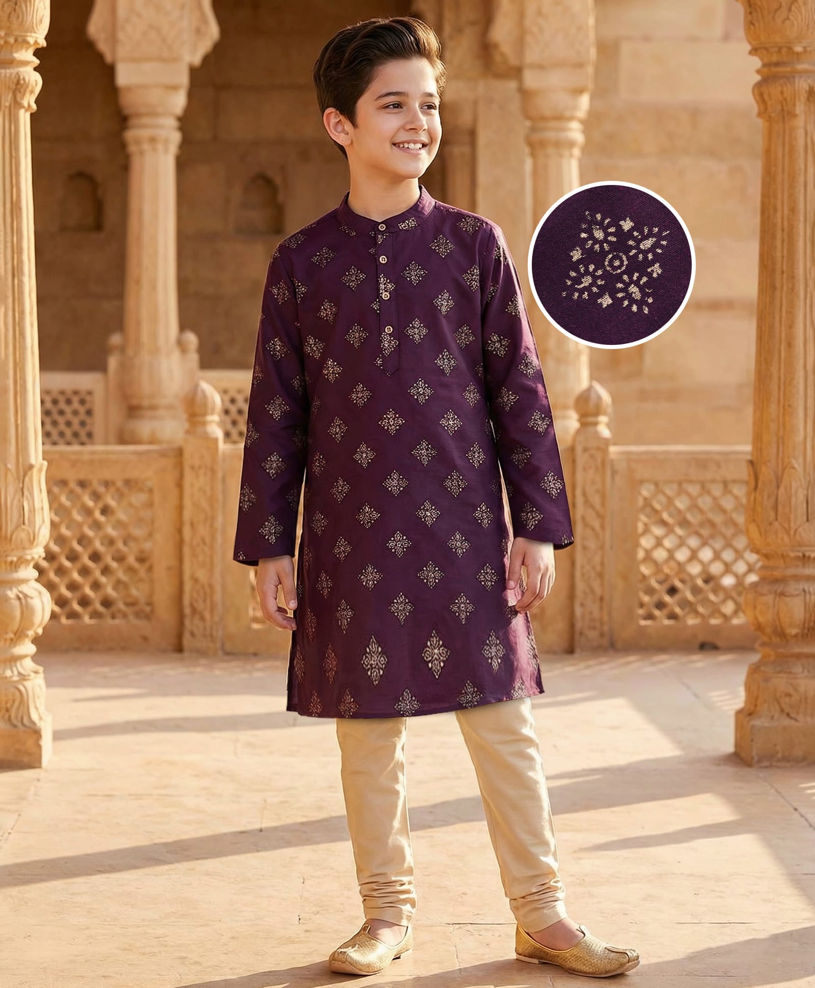 Pine Kids Woven Full Sleeves Kurta Pajama Set With Floral Foil Print - Wine