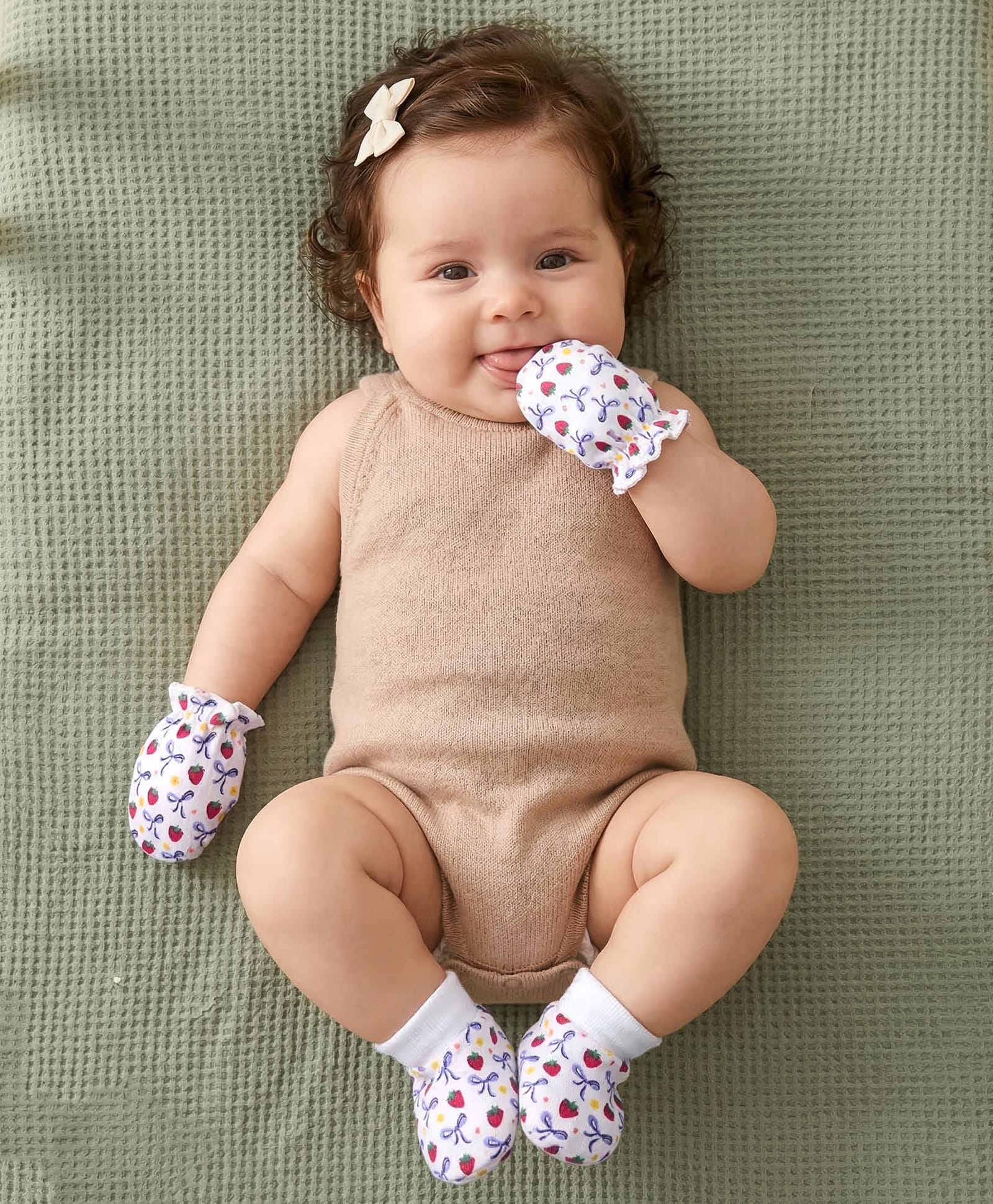 Babyhug 100% Cotton Knit Mittens & Booties Set with Strawberry Print - White-image-2