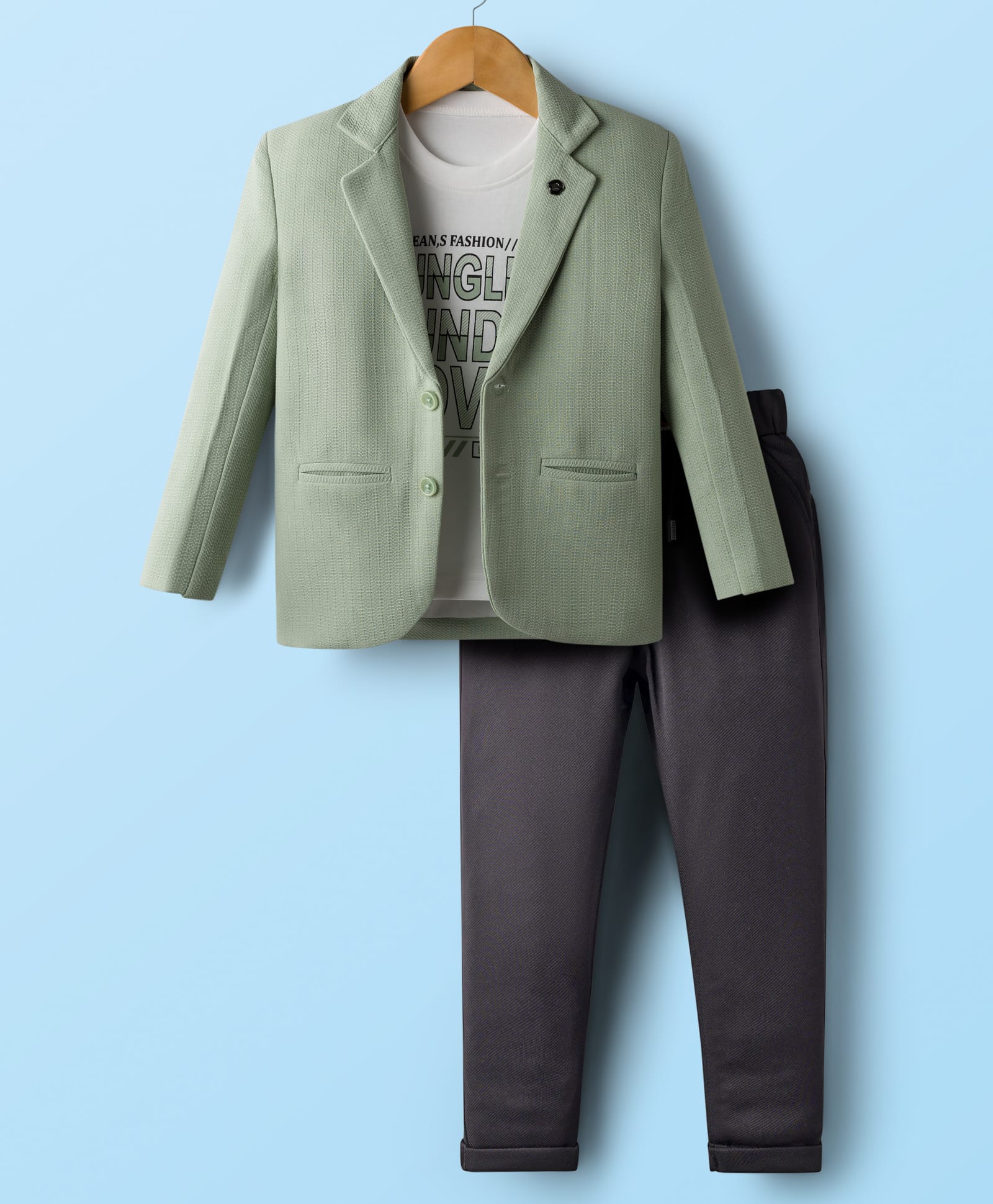 Rikidoos Full Sleeves Textured Blazer With Typography Printed Tee & Pant Set - Pista & Black-image-29