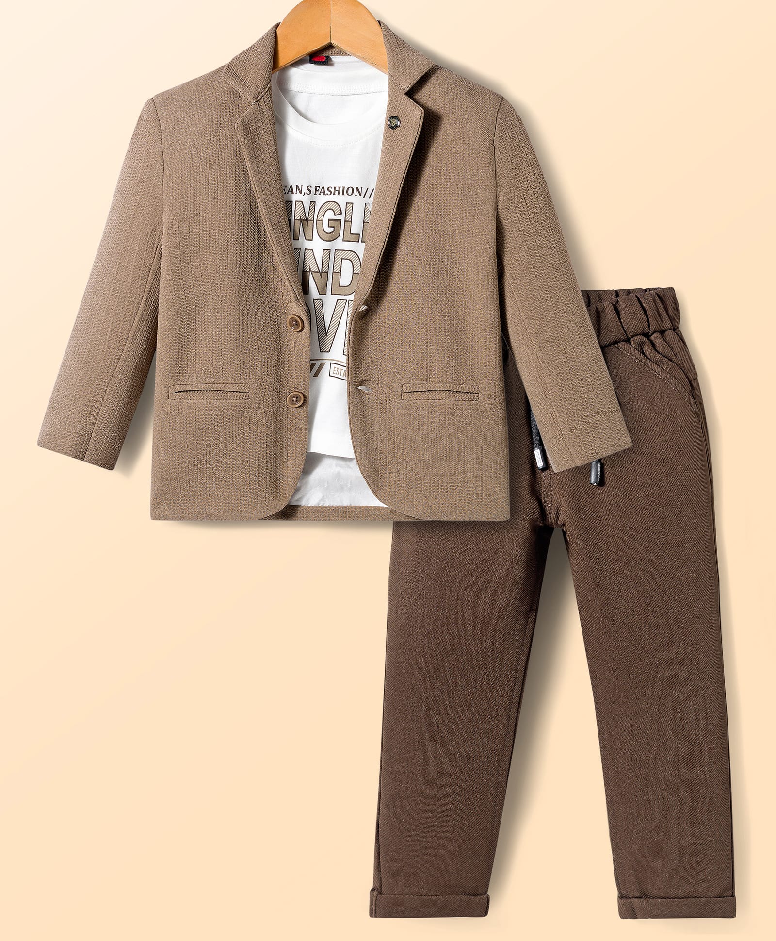 Rikidoos Full Sleeves Textured Blazer With Typography Printed Tee & Pant Set - Dark Fawn & Brown-picture-26