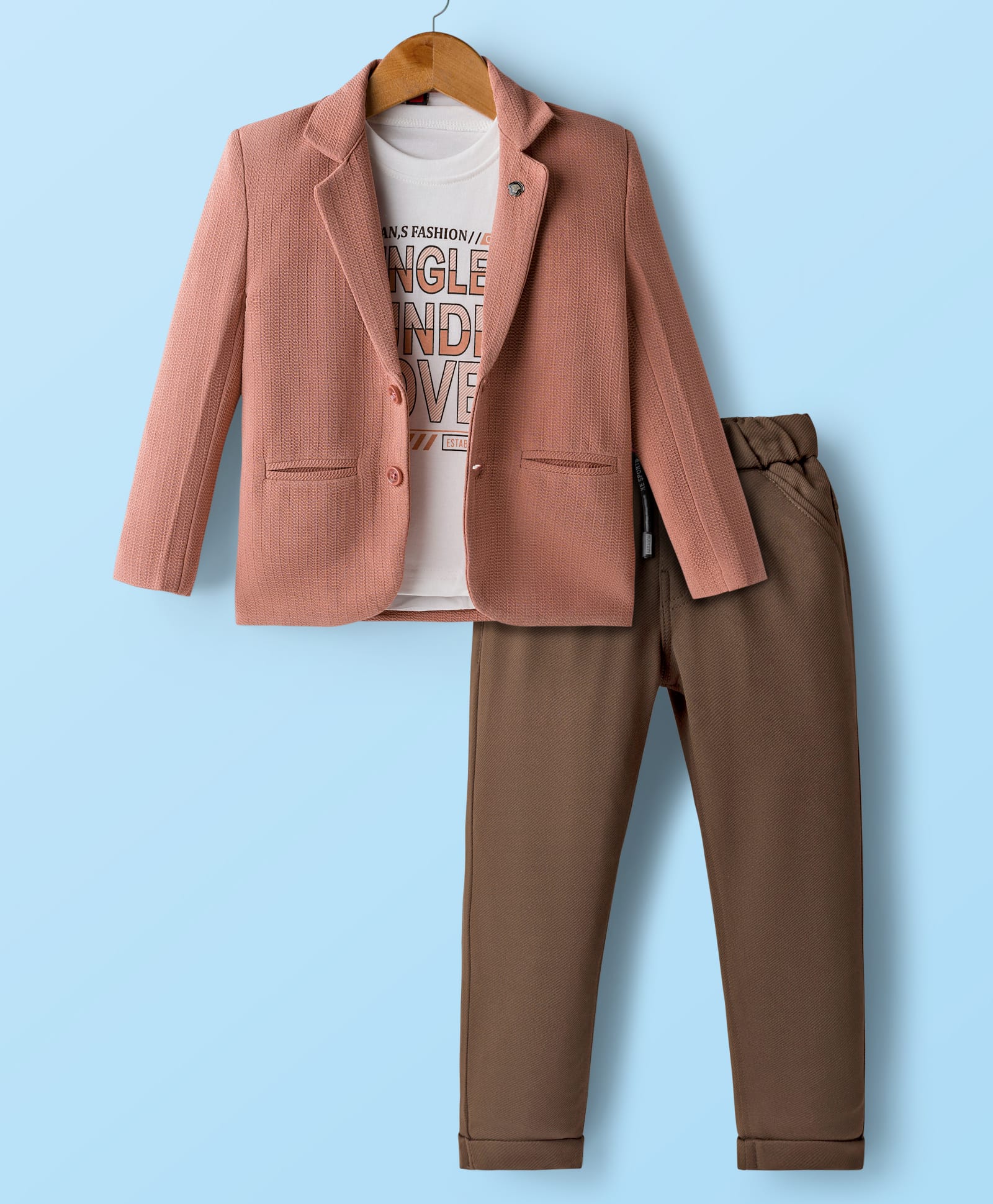 Rikidoos Full Sleeves Textured Blazer With Typography Printed Tee & Pant Set - Peach & Brown-picture-21