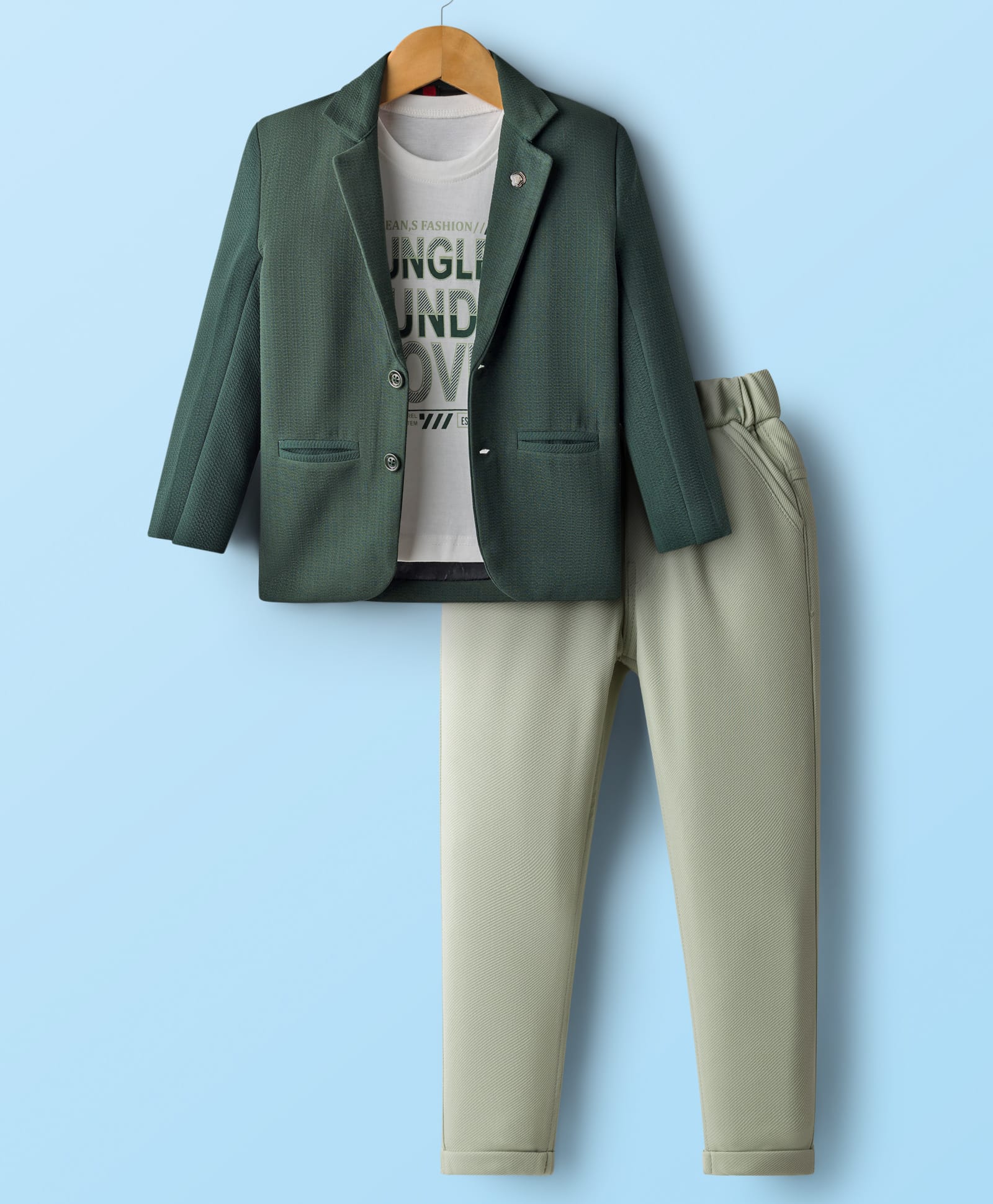 Rikidoos Full Sleeves Textured Blazer With Typography Printed Tee & Pant Set - Green & Light Pista-picture-19