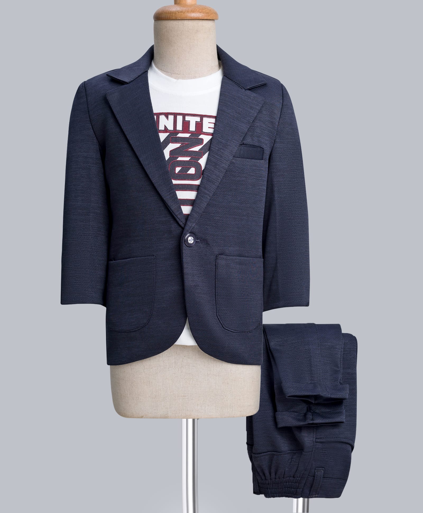 Rikidoos Full Sleeves Textured Blazer With Typography Printed Tee & Pant Set - White & Dark Grey-picture-16