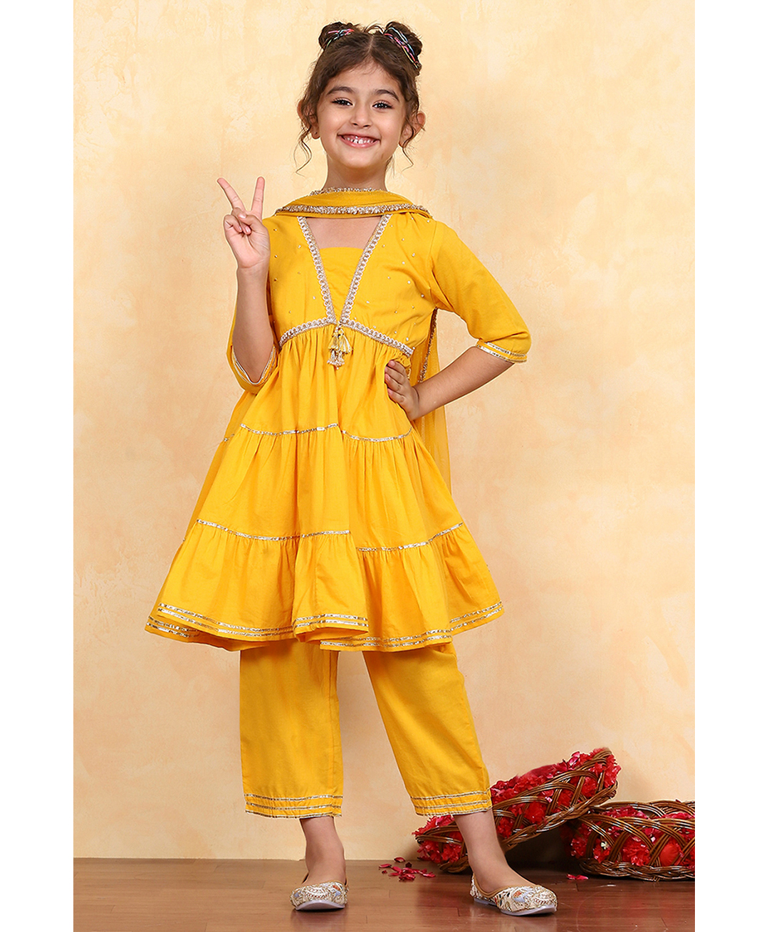 BIBA Cotton Woven Three Fourth Sleeves Pearls & Gota Lace Embellished Kurti Pant With Dupatta Set - Yellow-picture-15