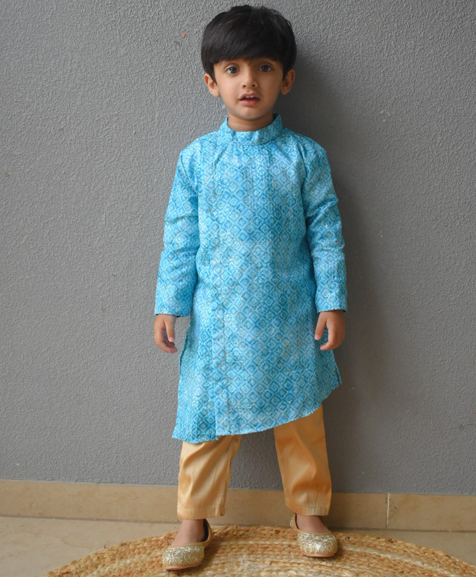 MASTARANG Brocade Woven Full Sleeves Geometric Printed & Thread Work Embroidered Aysmmetrical Kurta Pant Set - Teal Blue-image-22