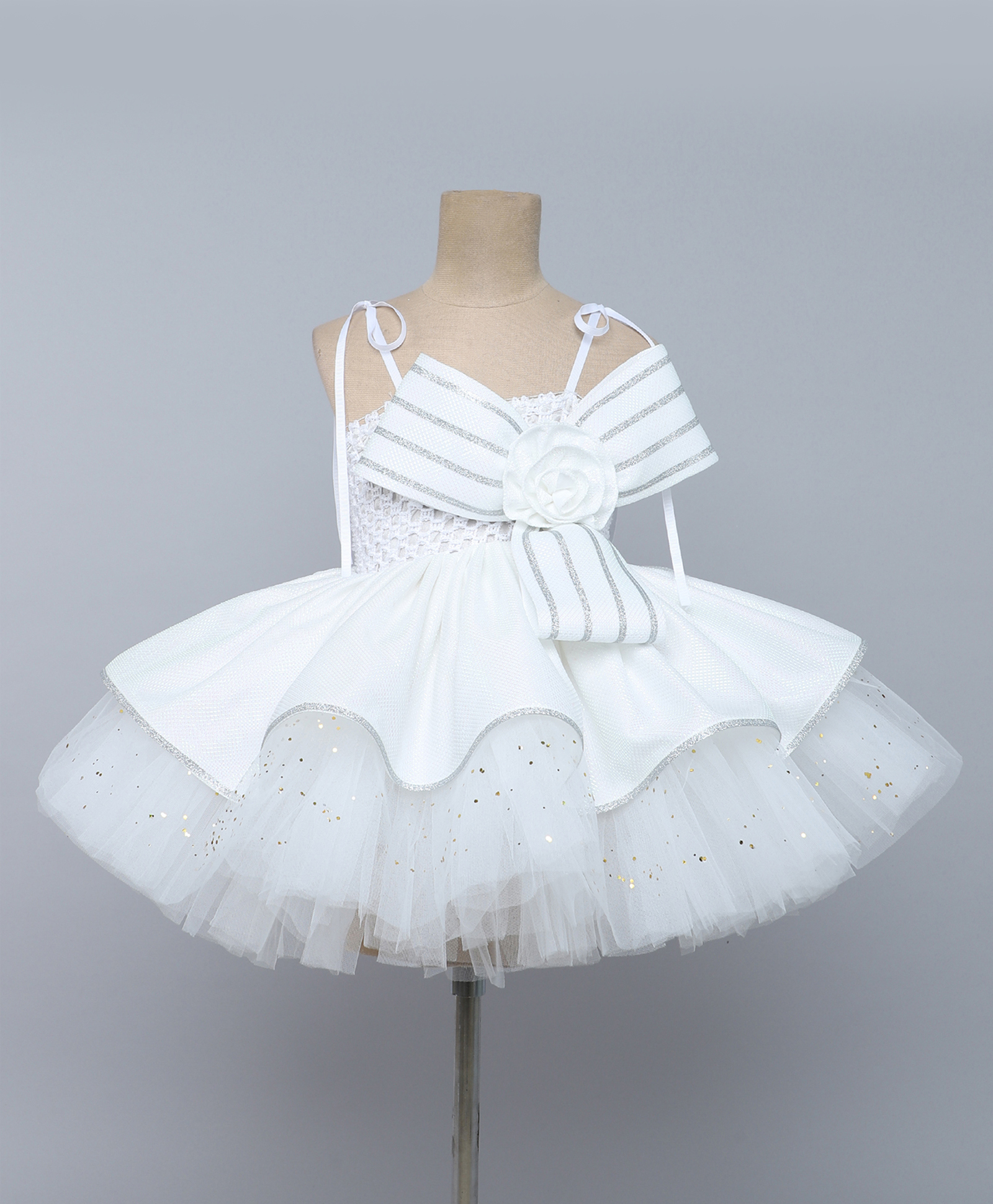 TINY MINY MEE Elastane Knit Sleeveless Bow & Floral Applique Detailed Abstract Glitter Printed Layered Dress - White-image-33
