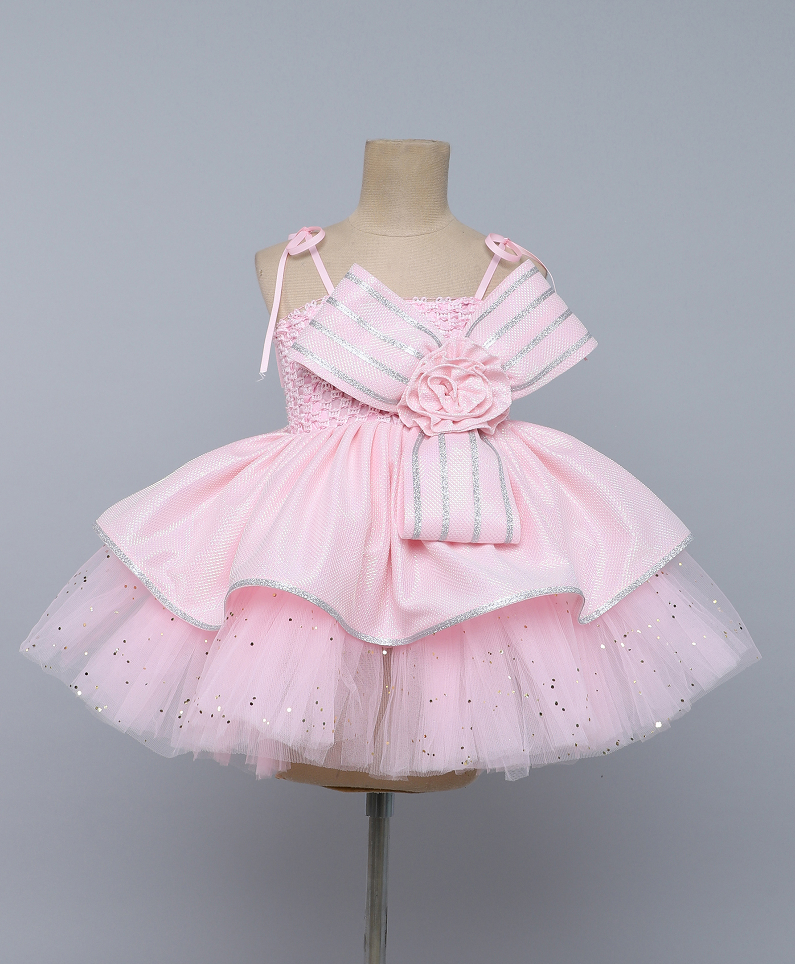 TINY MINY MEE Elastane Knit Sleeveless Bow & Floral Applique Detailed Abstract Glitter Printed Layered Dress - Pink-image-32