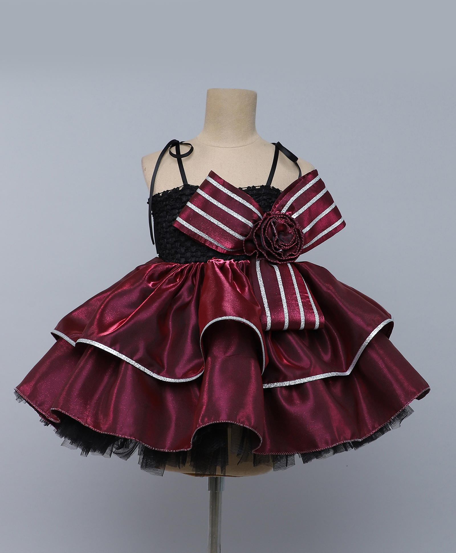 TINY MINY MEE Elastane Knit Sleeveless Bow & Floral Applique Detailed Abstract Glitter Printed Layered Dress - Wine-image-10