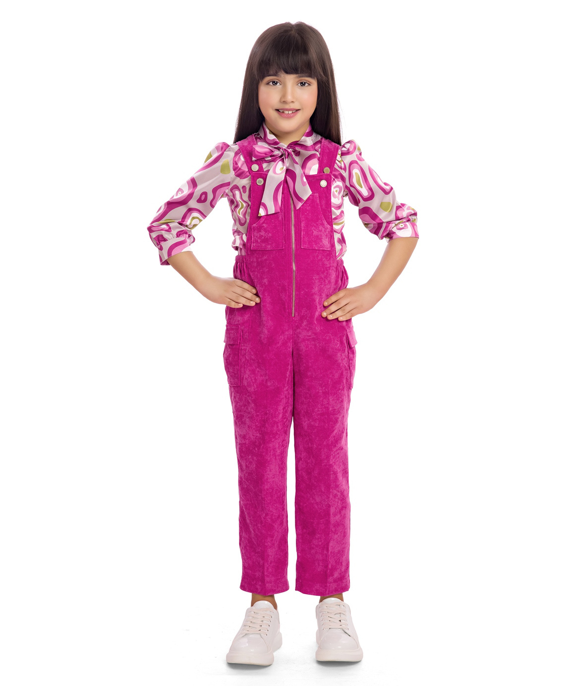 Tiny Baby Satin Woven Solid Dungaree With Three Fourth Sleeves Floral Printed Top - Pink-picture-23