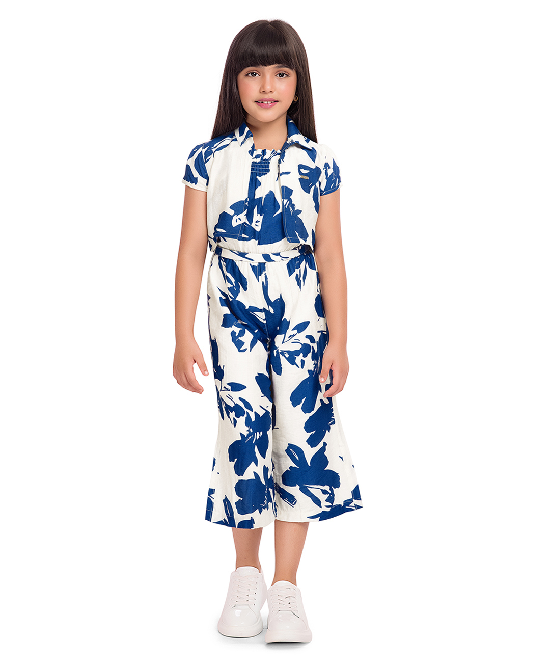 TINY BABY Woven Abstract Printed Jumpsuit With Half Sleeves Coordinating Jacket Set - Blue-picture-11