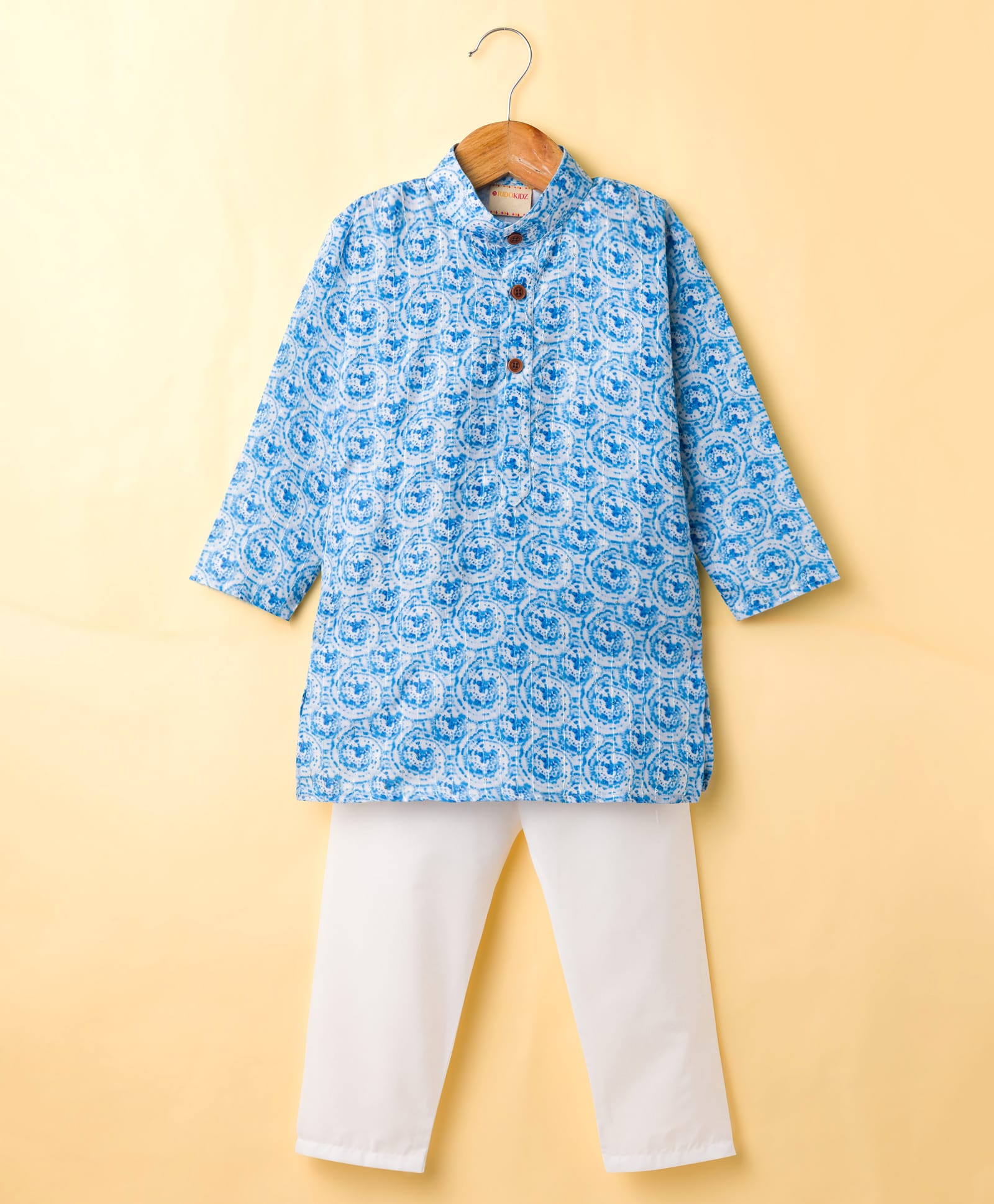 Ridokidz Full Sleeves Tie Dye & Thread Work Embroidered Kurta Pyjama Set - Blue-picture-10
