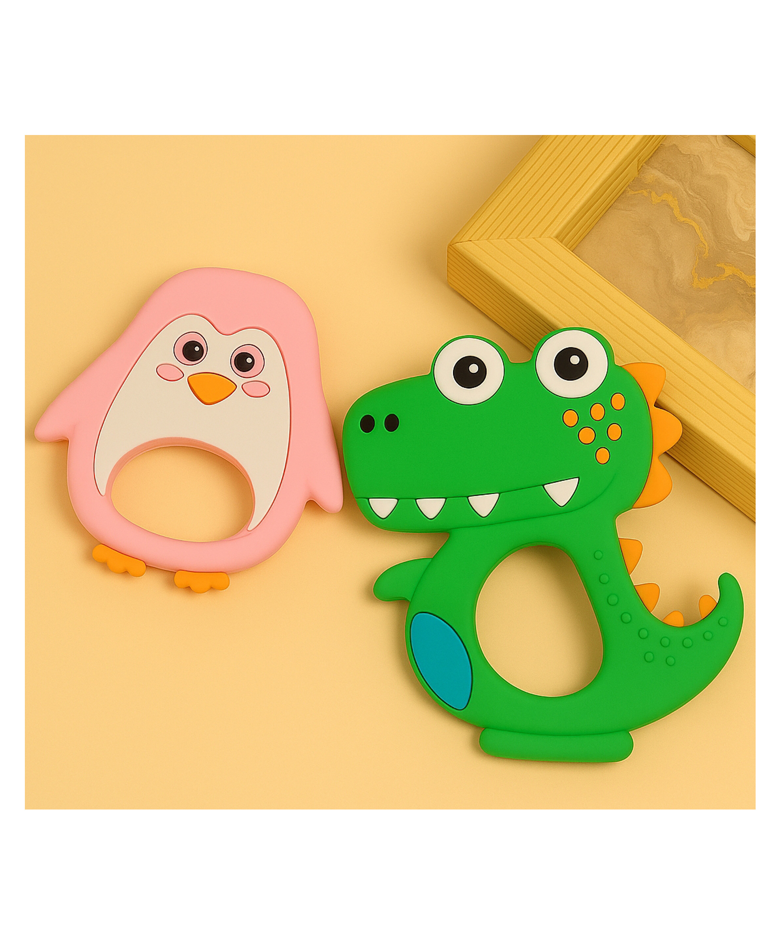 Badal Kidz Penguin Shape & Dinosaur Shape Silicone Teether , BPA Free & Safe for Babies (Pack of 2)- Pink & Green-image-8