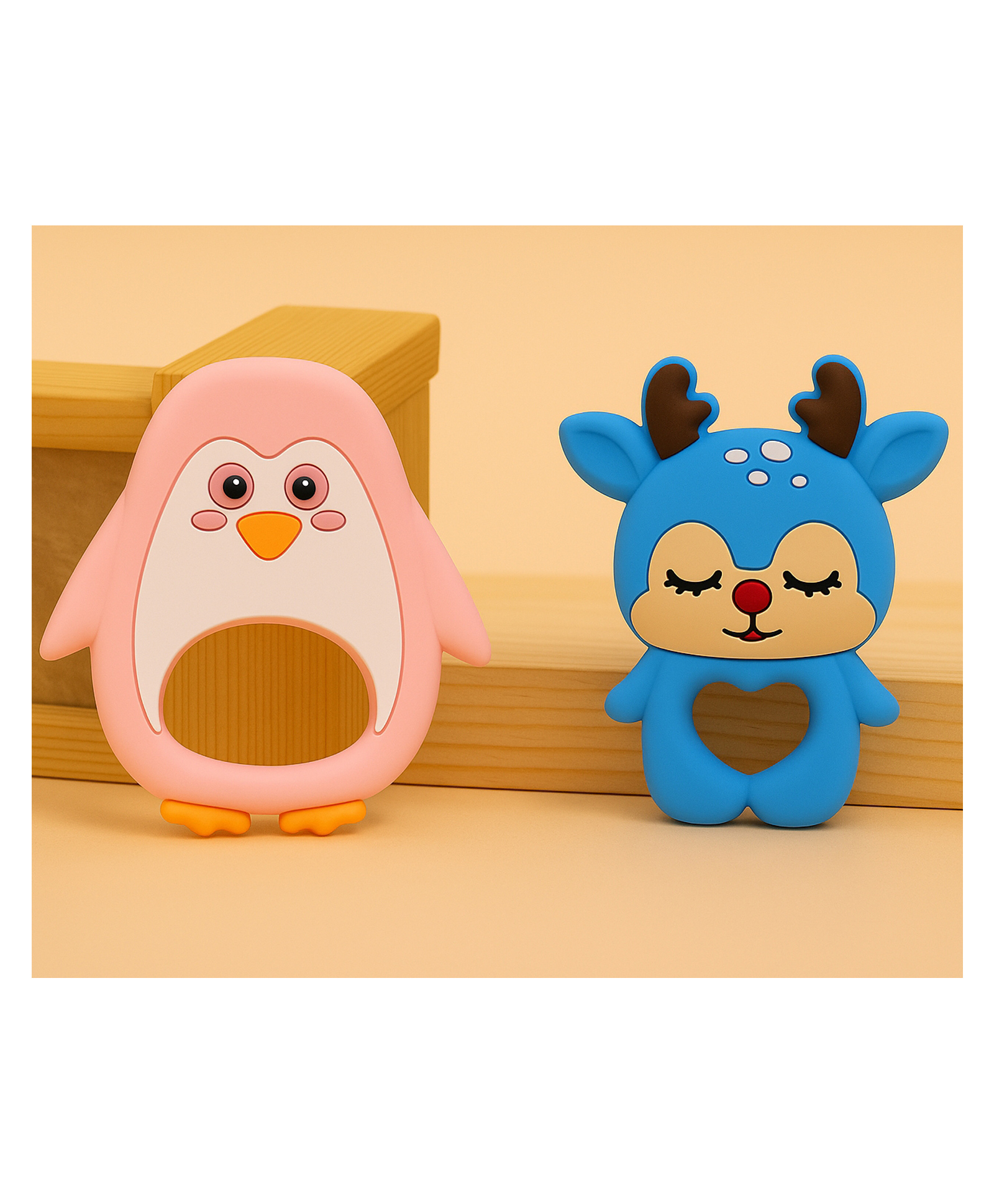 Badal Kidz Penguin Shape & Reindeer Shape Silicone Teether , BPA Free & Safe for Babies (Pack of 2)- Pink & Dark Blue-picture-16