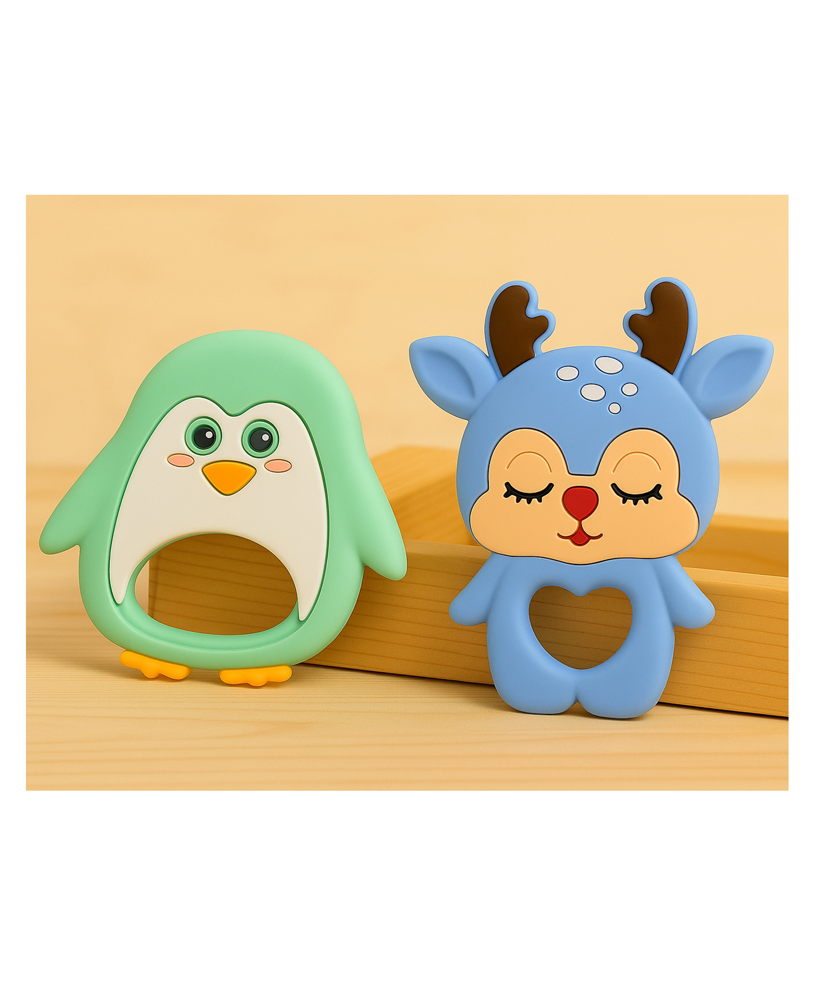 Badal Kidz Penguin Shape & Reindeer Shape Silicone Teether , BPA Free & Safe for Babies (Pack of 2)- Green & Blue-image-45