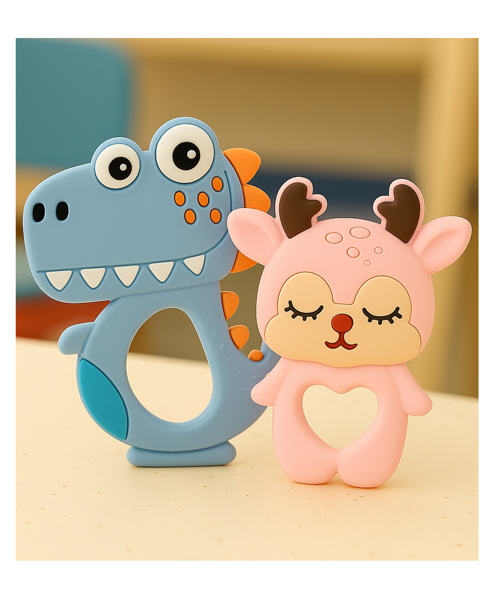 Badal Kidz Dinosaur Shape & Reindeer Shape Silicone Teether , BPA Free & Safe for Babies (Pack of 2)- Blue & Pink-picture-24