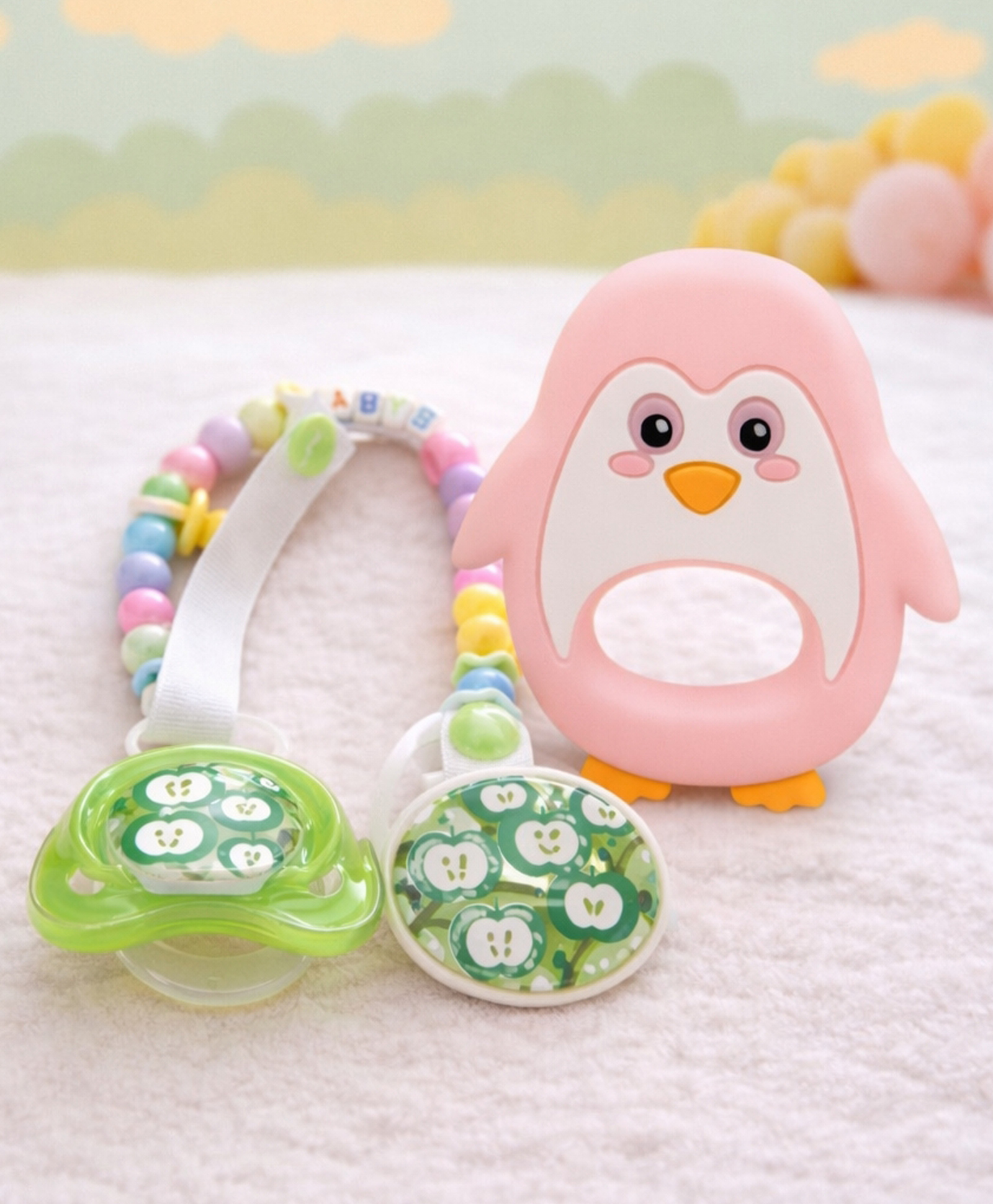 Badal Kidz Baby Pacifier with Chain & Soft Penguin Teether Combo ,Silicone, BPA Free - Green & Pink-image-24