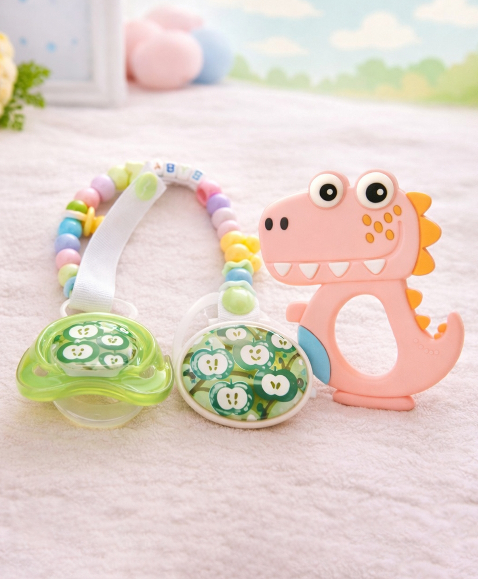 Badal Kidz Baby Pacifier with Chain & Soft Dinosaur Teether Combo ,Silicone, BPA Free - Green & Pink-picture-21