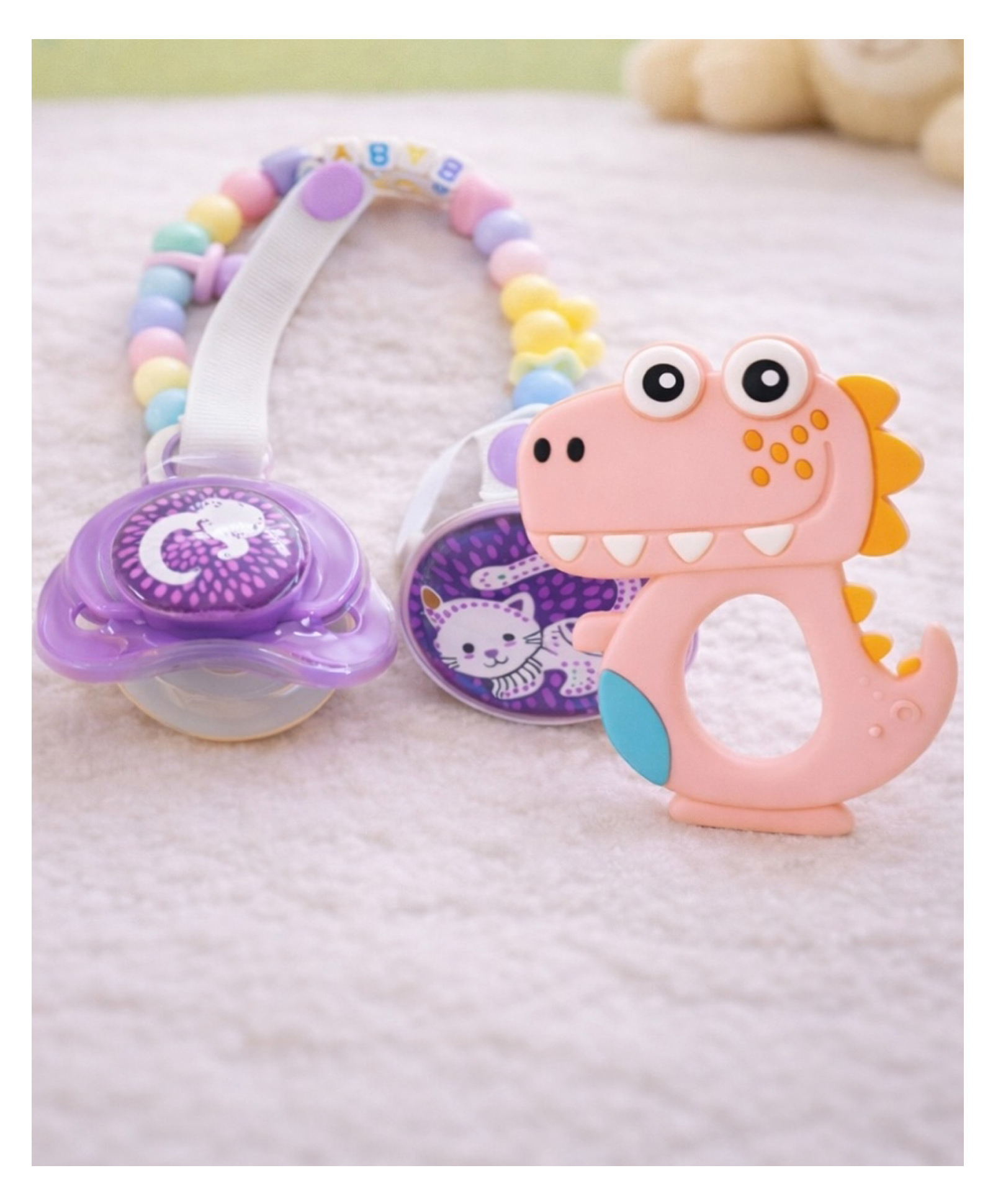 Badal Kidz Baby Pacifier with Chain & Soft Dinosaur Teether Combo ,Silicone, BPA Free - Grey & Pink-picture-15