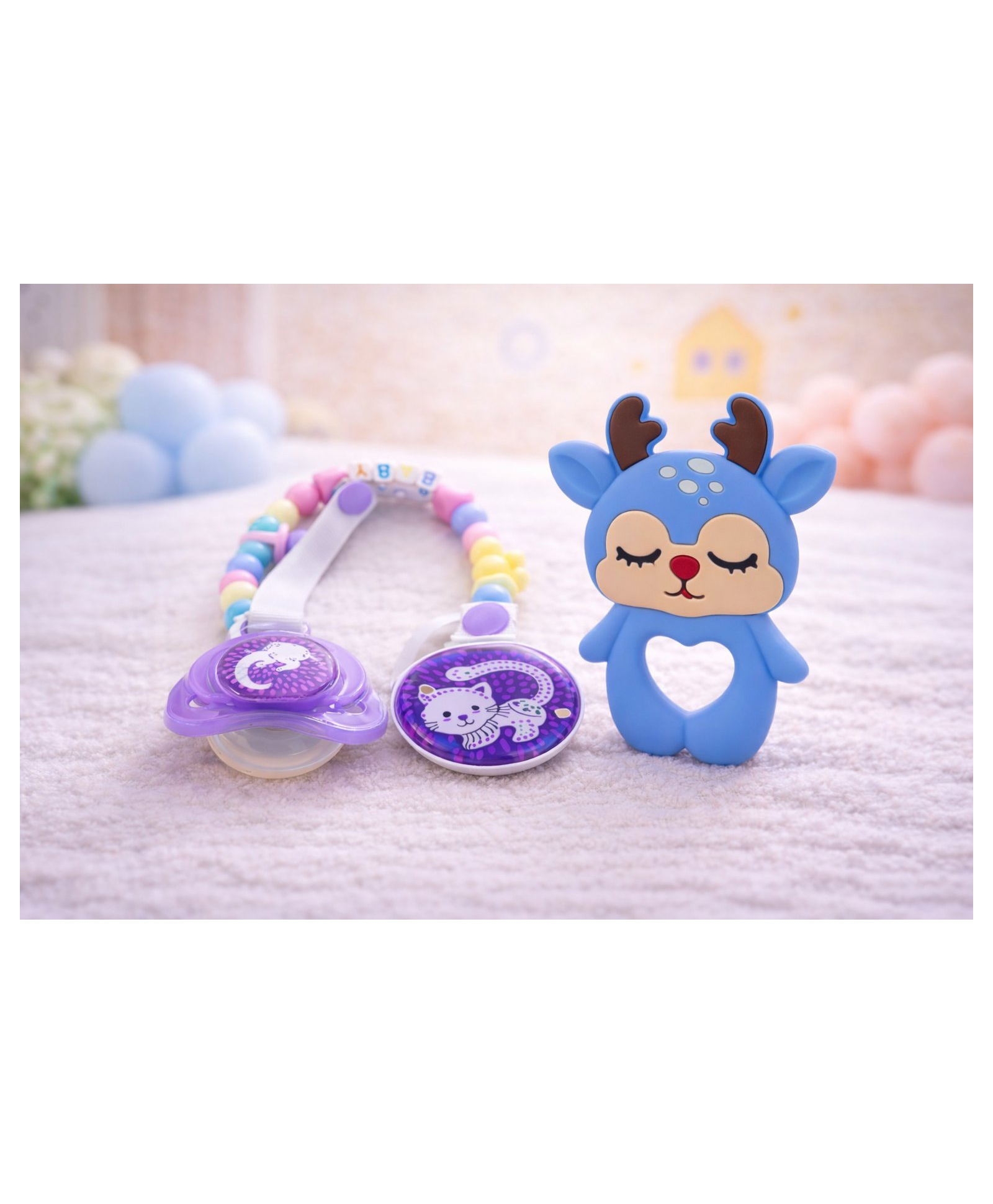 Badal Kidz Baby Pacifier with Chain & Soft Reindeer Teether Combo ,Silicone, BPA Free - Grey & Blue-image-25