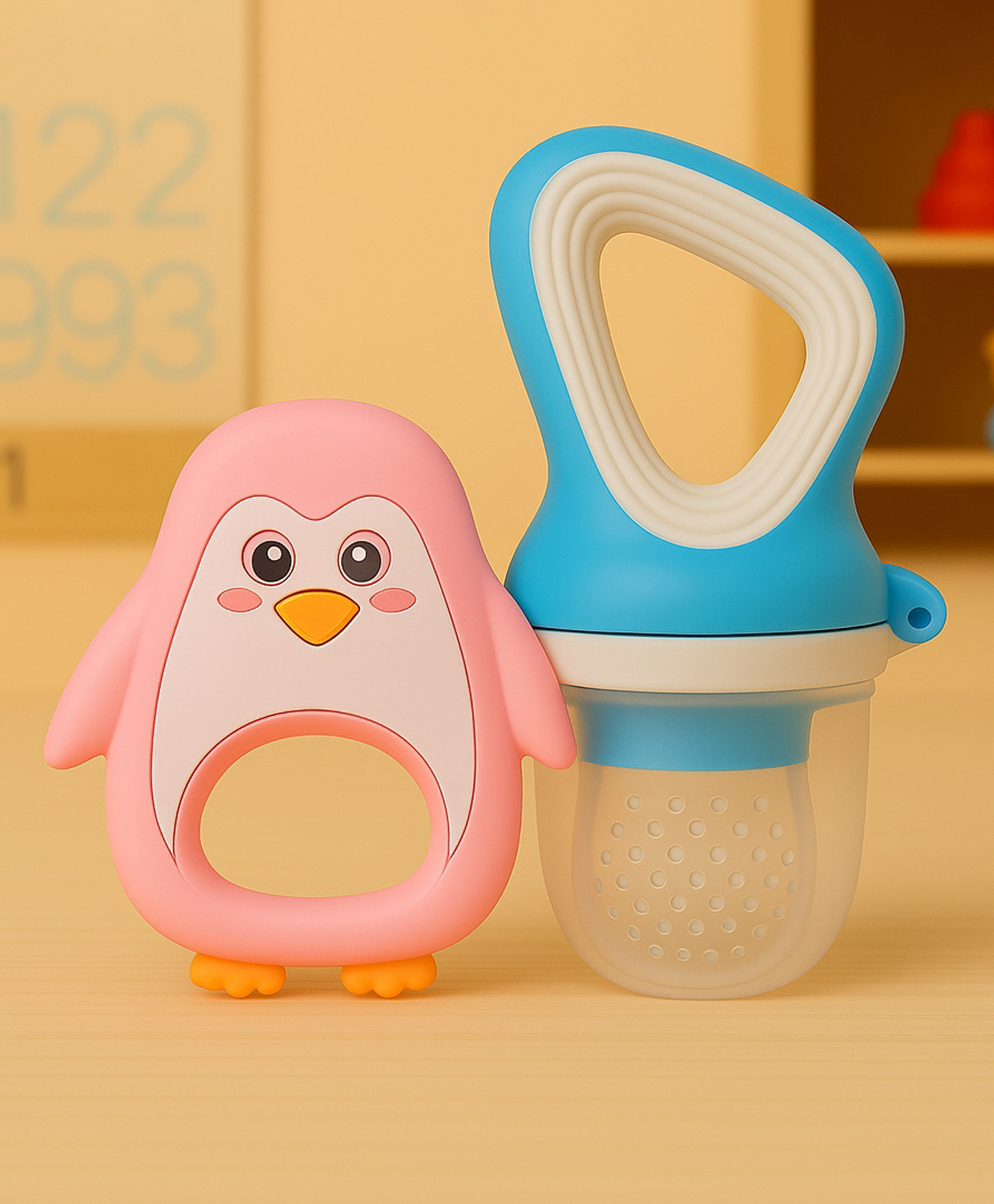 Badal Kidz Fruit Nibbler & Silicone Teether Combo, BPA Free, Safe for Teething Babies - Blue & Pink-image-28