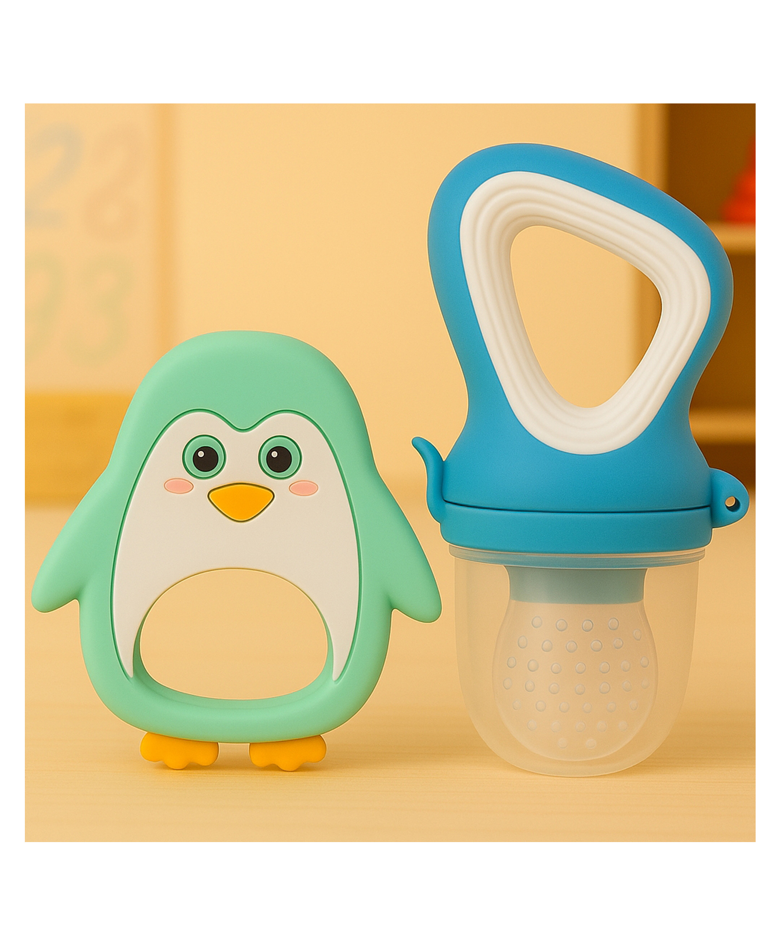 Badal Kidz Fruit Nibbler & Silicone Teether Combo, BPA Free, Safe for Teething Babies - Blue & Green-image-30