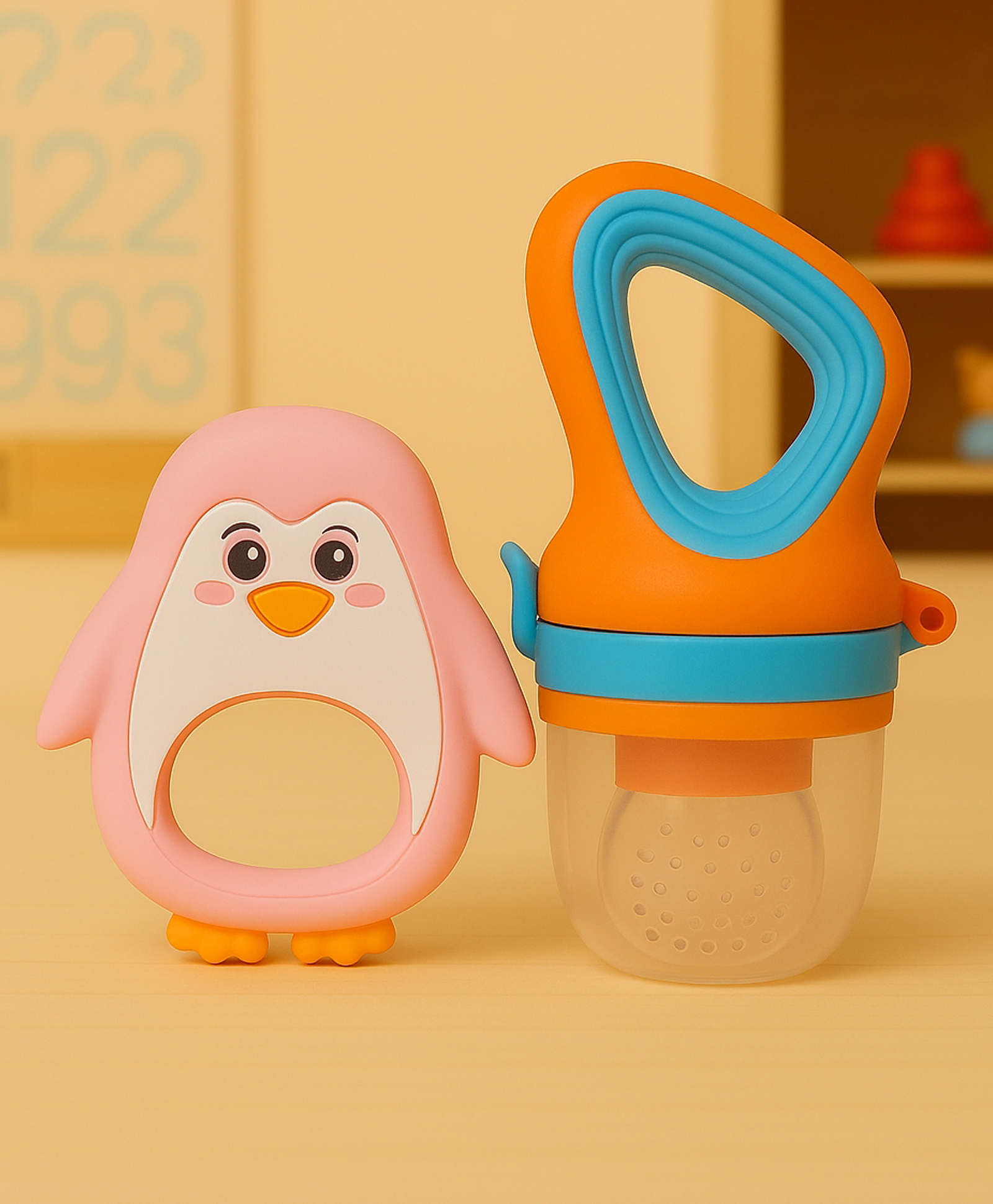 Badal Kidz Fruit Nibbler & Silicone Teether Combo, BPA Free, Safe for Teething Babies - Orange & Pink-image-31