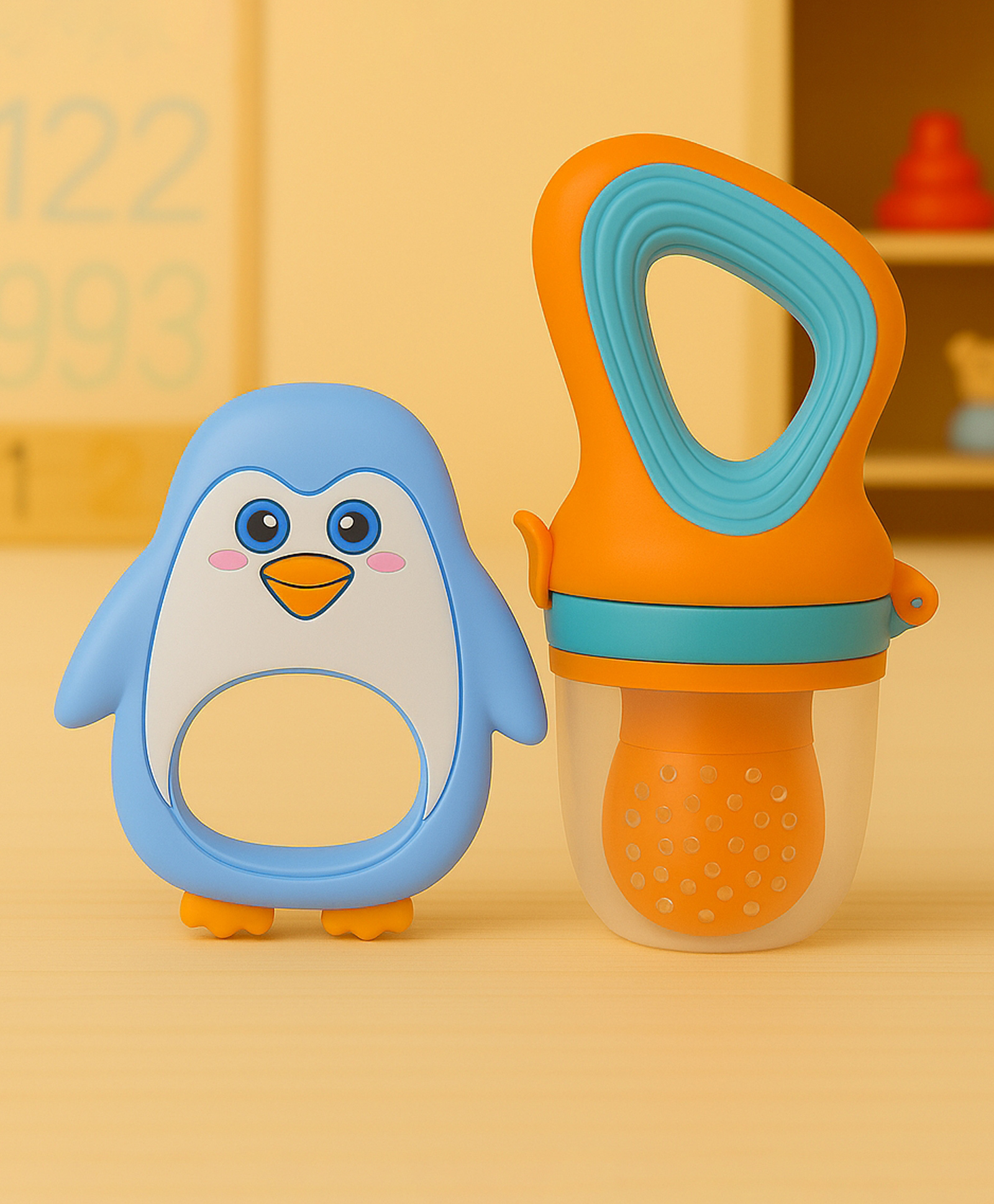 Badal Kidz Fruit Nibbler & Silicone Teether Combo, BPA Free, Safe for Teething Babies - Orange & Blue-image-32