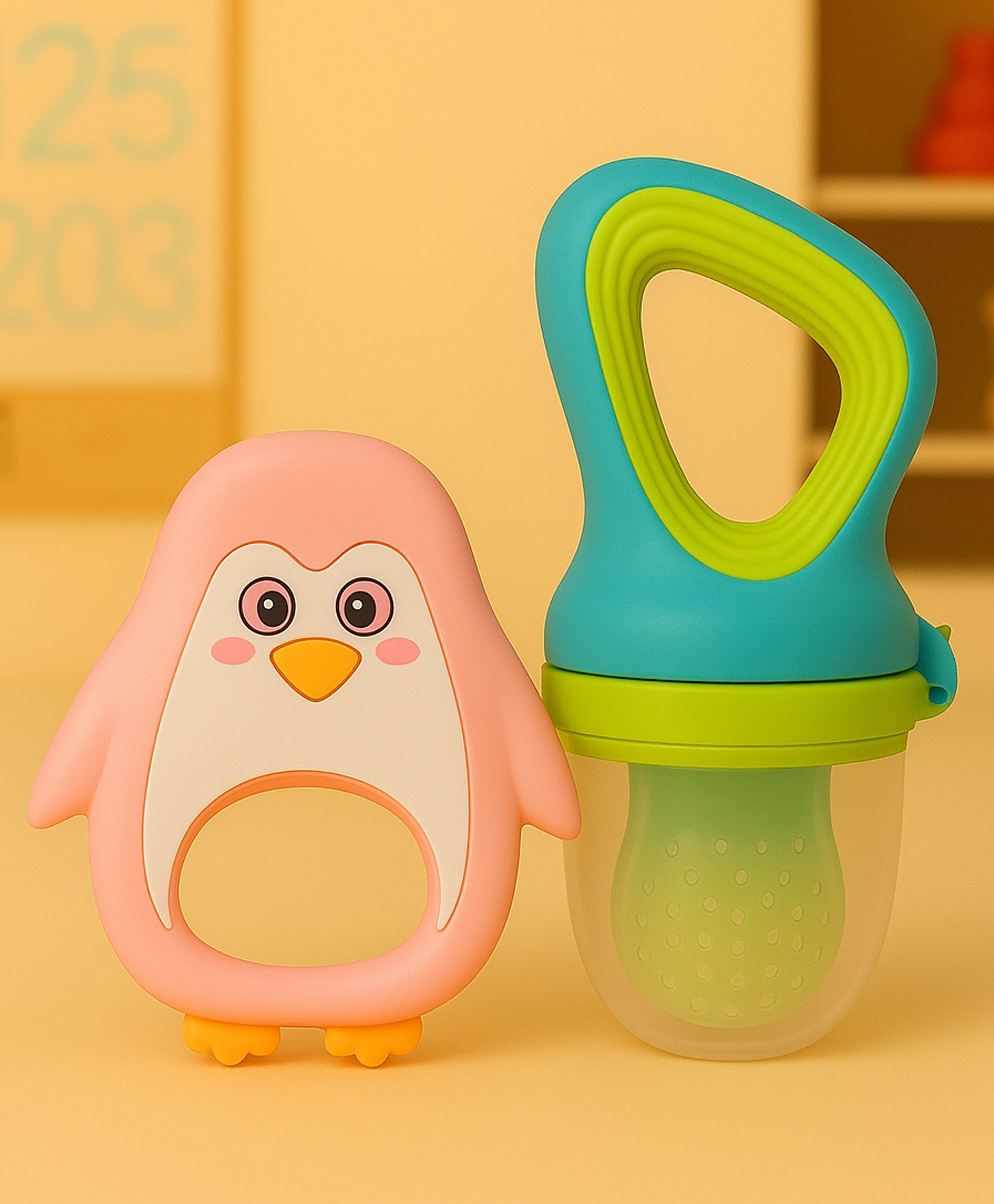 Badal Kidz Fruit Nibbler & Silicone Teether Combo, BPA Free, Safe for Teething Babies - Green & Pink-image-33