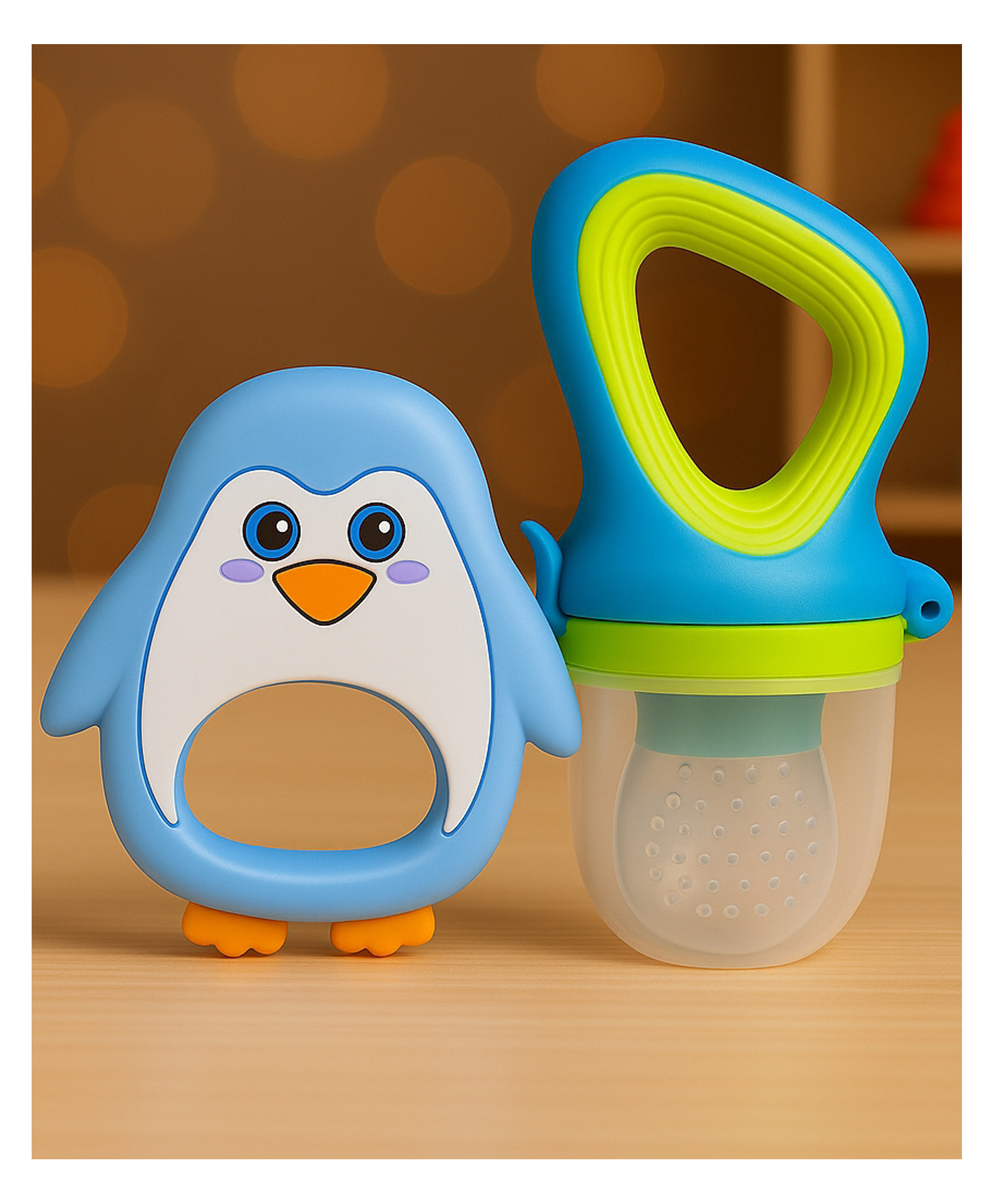 Badal Kidz Fruit Nibbler & Silicone Teether Combo, BPA Free, Safe for Teething Babies - Green & Blue-image-47