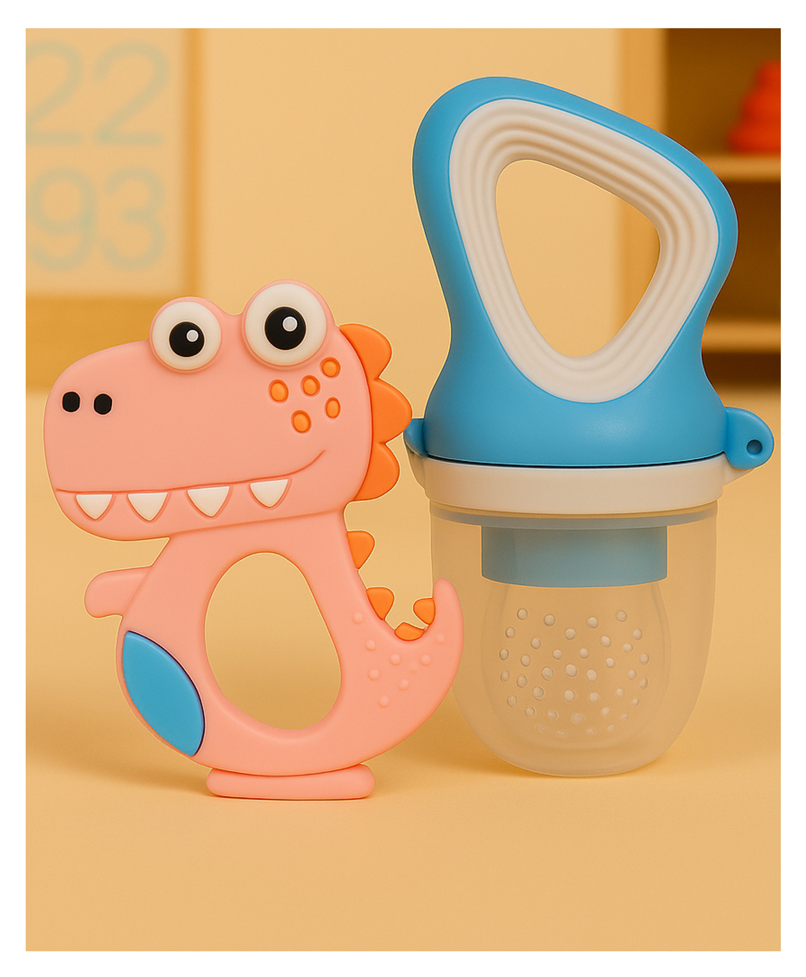 Badal Kidz Fruit Nibbler & Silicone Teether Combo, BPA Free, Safe for Teething Babies - Blue & Pink-image-35