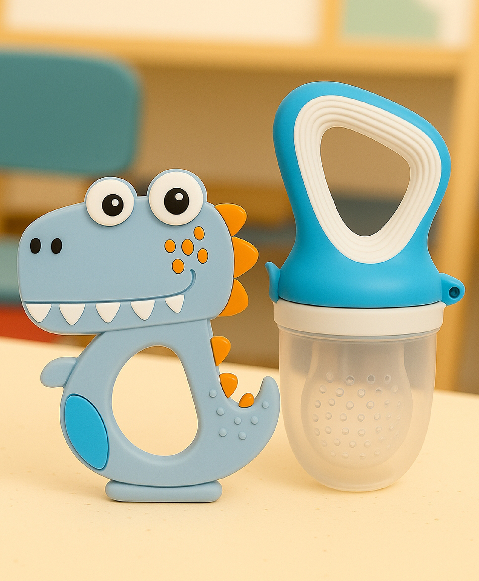 Badal Kidz Fruit Nibbler & Silicone Teether Combo, BPA Free, Safe for Teething Babies - Blue & Blue-image-36