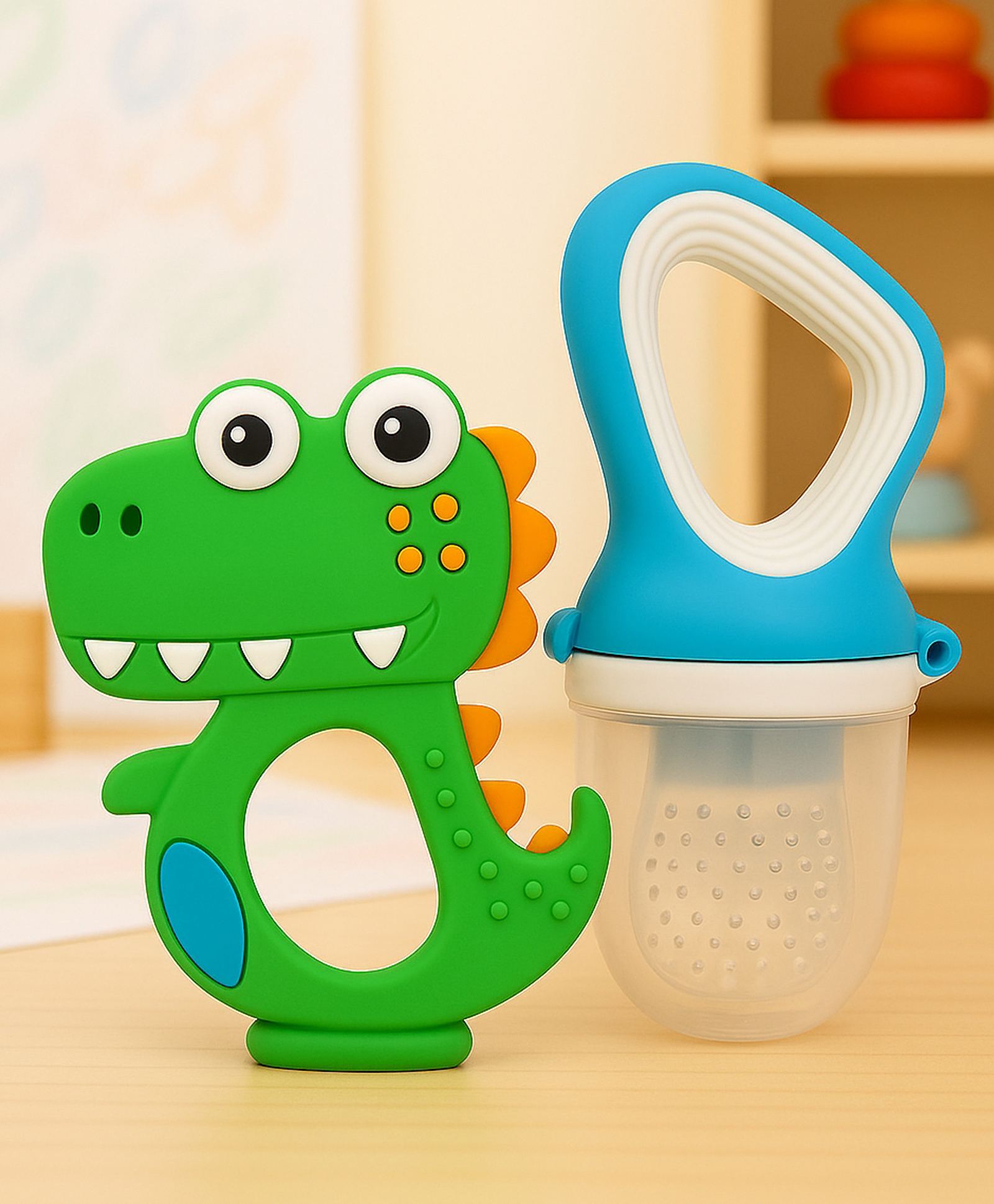 Badal Kidz Fruit Nibbler & Silicone Teether Combo, BPA Free, Safe for Teething Babies - Blue & Green-image-37