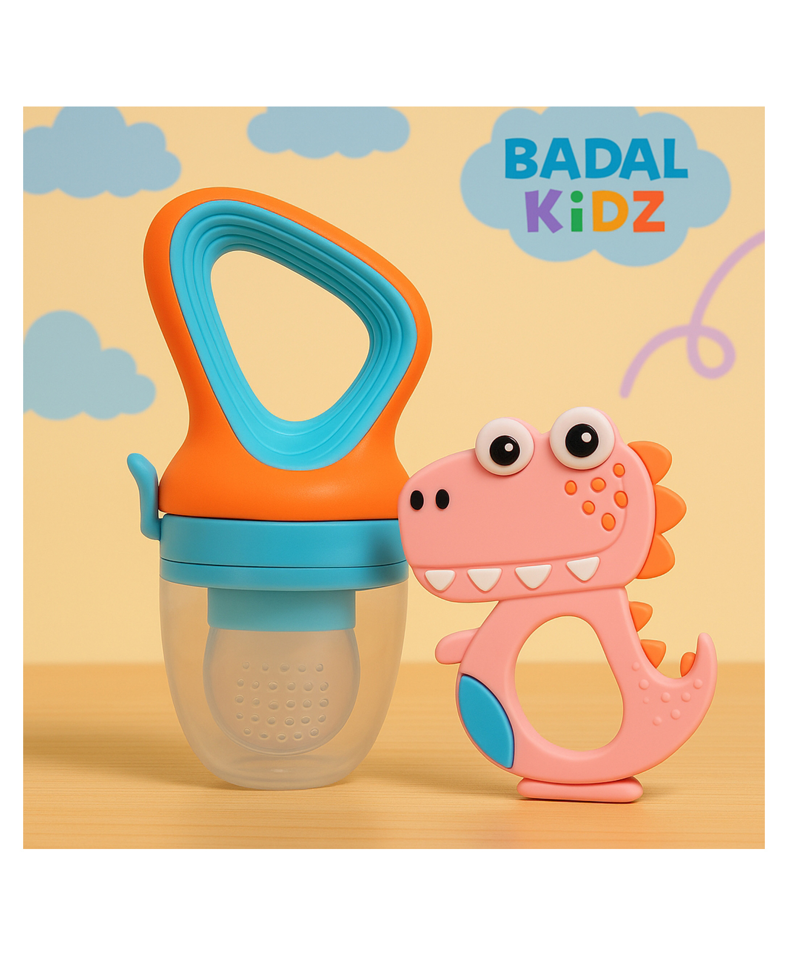 Badal Kidz Fruit Nibbler & Silicone Teether Combo, BPA Free, Safe for Teething Babies - Orange & Pink-image-38