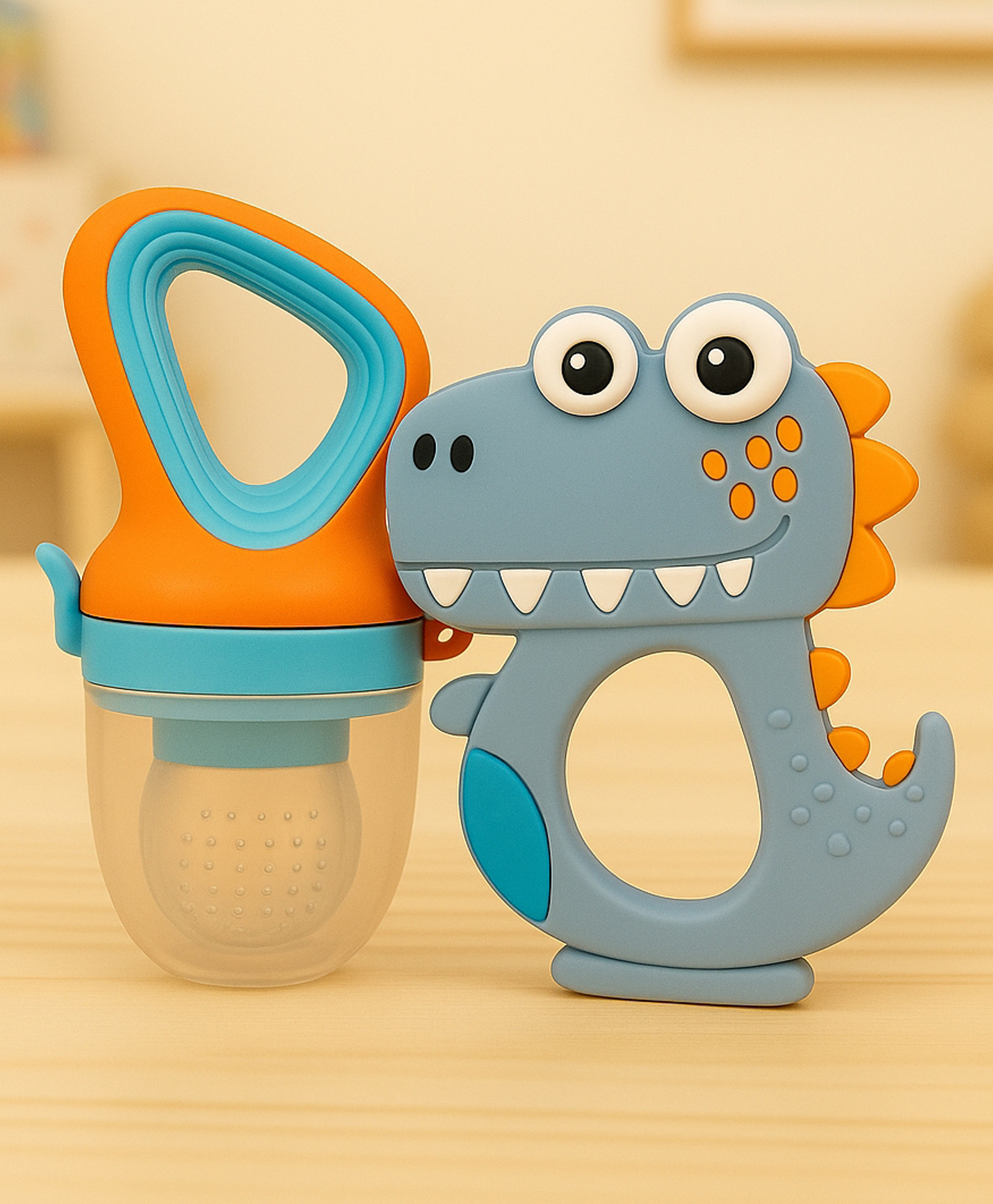 Badal Kidz Fruit Nibbler & Silicone Teether Combo, BPA Free, Safe for Teething Babies - Orange & Blue-image-39