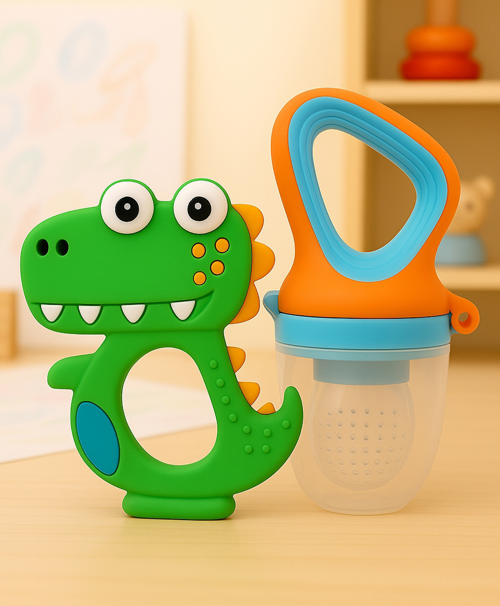 Badal Kidz Fruit Nibbler & Silicone Teether Combo, BPA Free, Safe for Teething Babies - Orange & Green-image-40