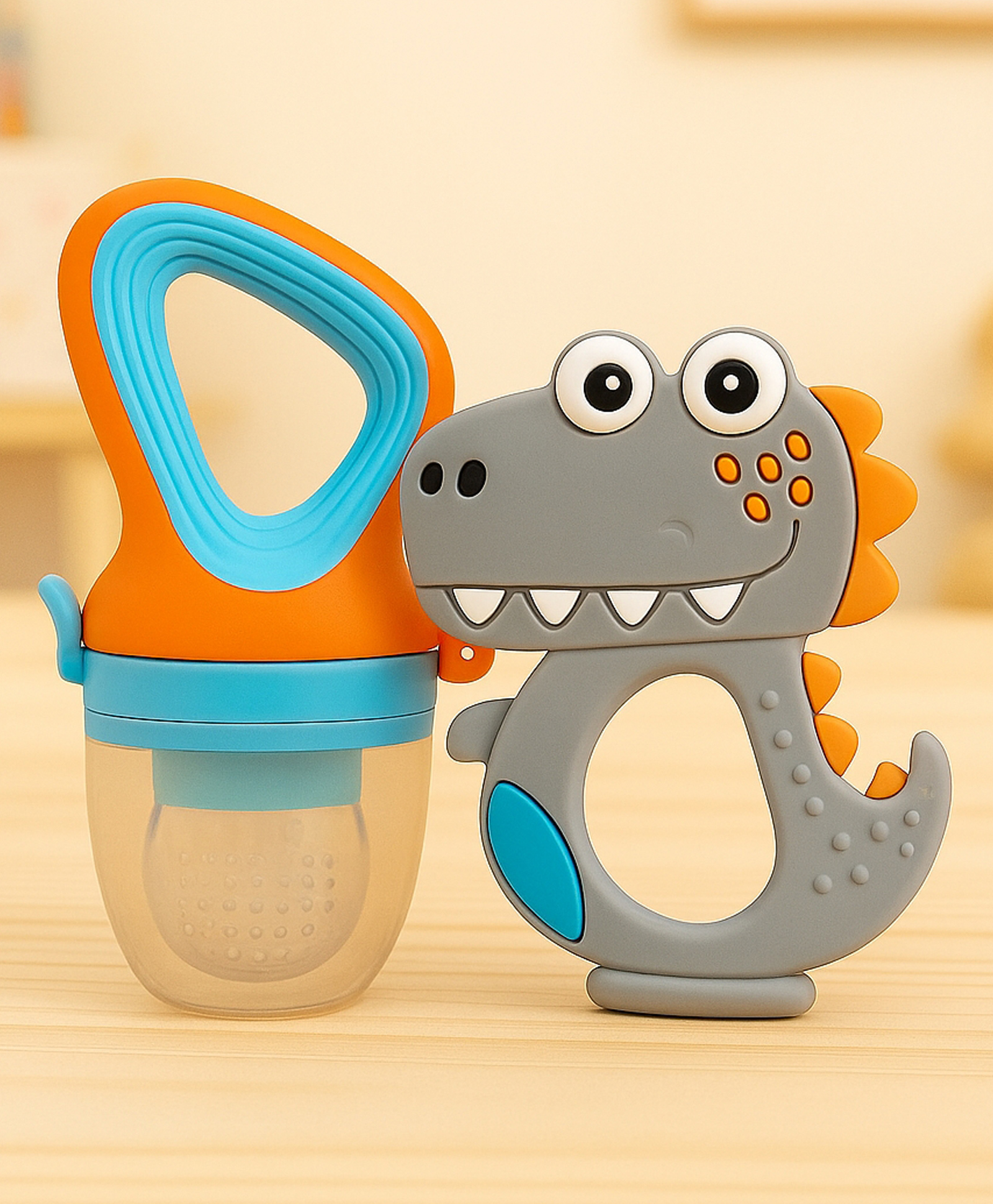 Badal Kidz Fruit Nibbler & Silicone Teether Combo, BPA Free, Safe for Teething Babies - Orange & Grey-image-41