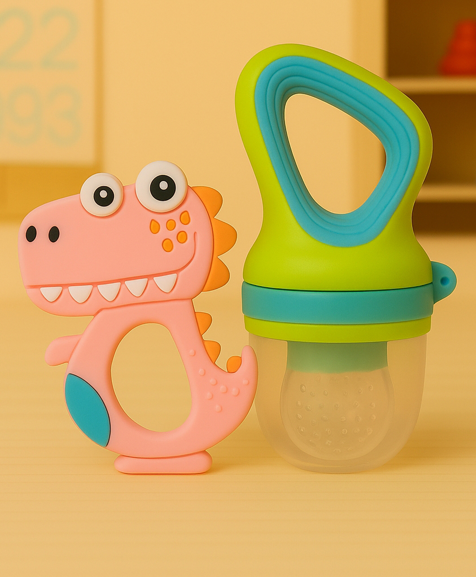 Badal Kidz Fruit Nibbler & Silicone Teether Combo, BPA Free, Safe for Teething Babies - Green & Pink-image-42