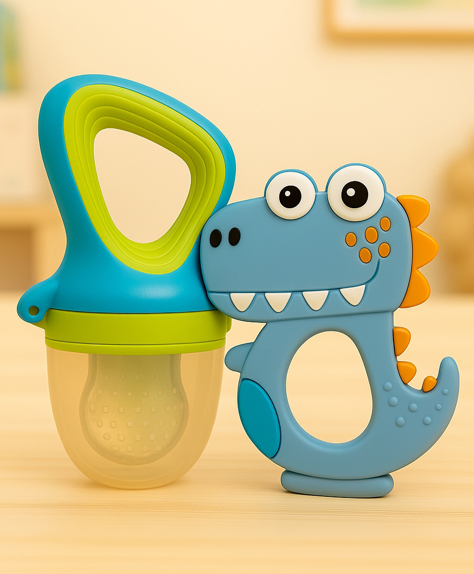 Badal Kidz Fruit Nibbler & Silicone Teether Combo, BPA Free, Safe for Teething Babies - Green & Blue-image-47