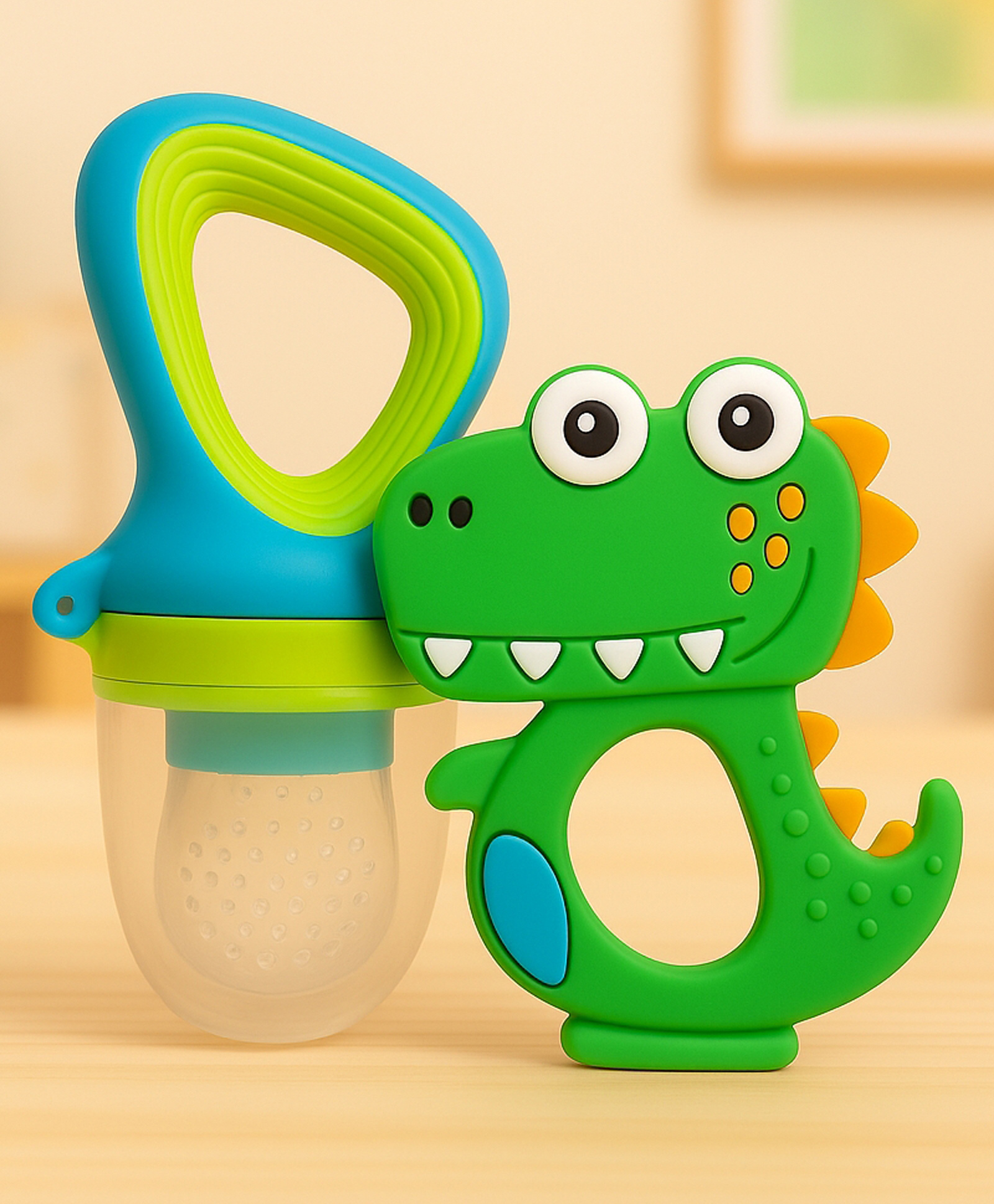 Badal Kidz Fruit Nibbler & Silicone Teether Combo, BPA Free, Safe for Teething Babies - Green & Green-picture-22