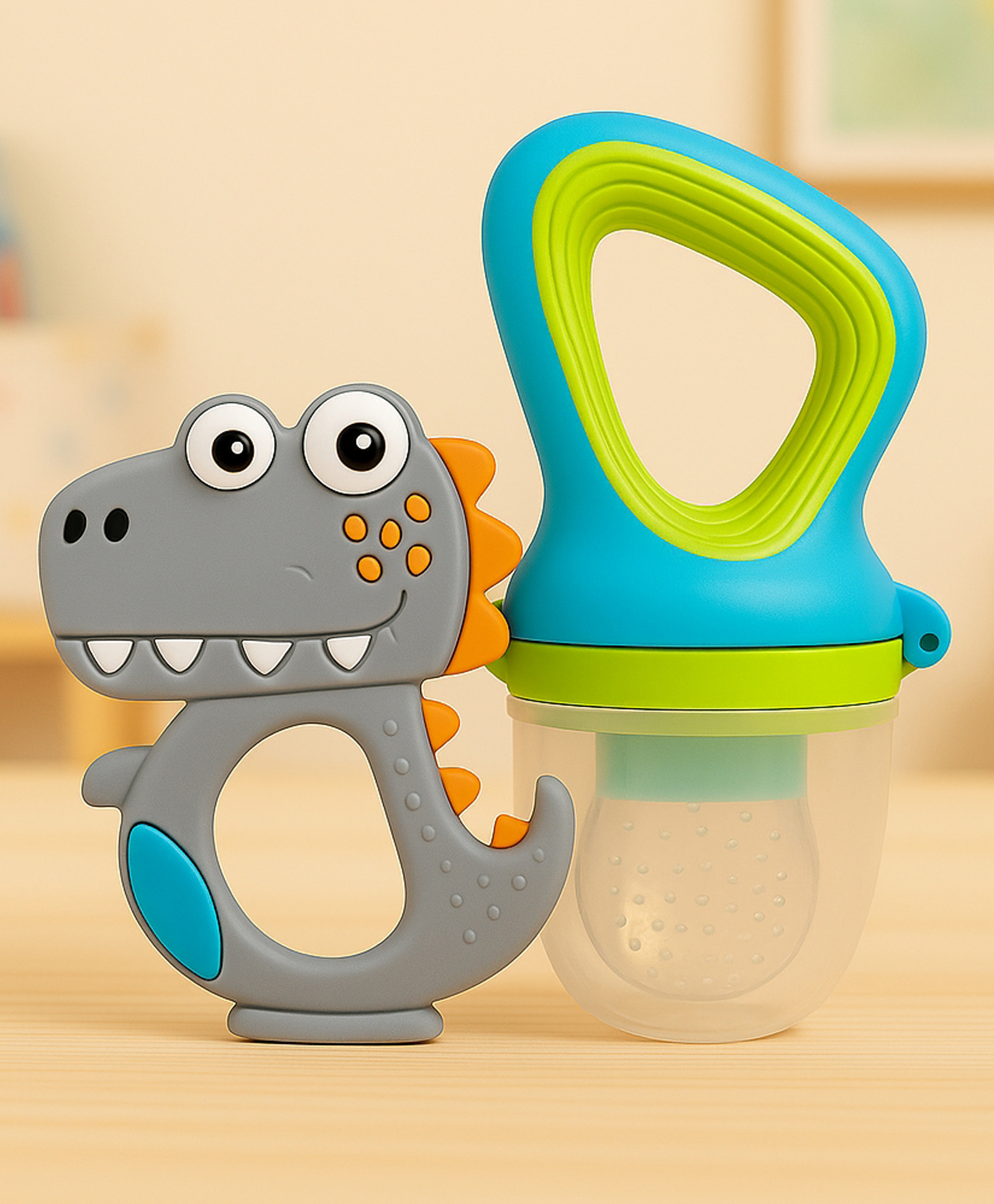 Badal Kidz Fruit Nibbler & Silicone Teether Combo, BPA Free, Safe for Teething Babies - Green & Grey-image-43