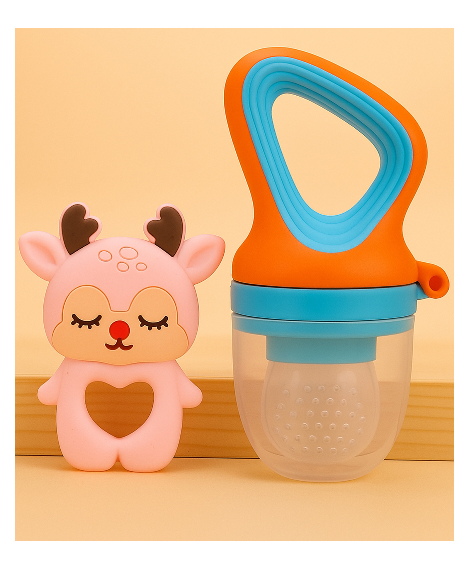 Badal Kidz Fruit Nibbler & Silicone Teether Combo, BPA Free, Safe for Teething Babies - Orange & Pink-image-41