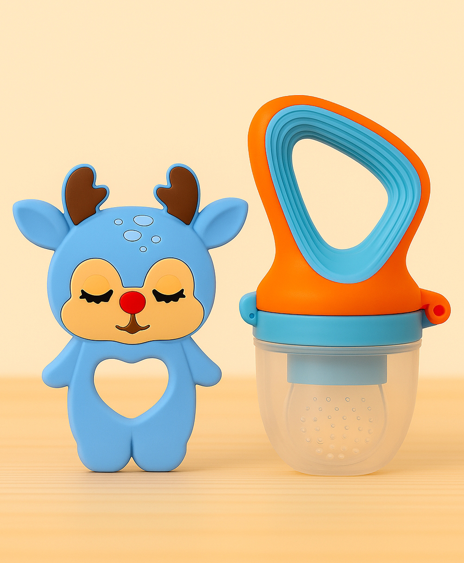 Badal Kidz Fruit Nibbler & Silicone Teether Combo, BPA Free, Safe for Teething Babies - Orange & Blue-image-46