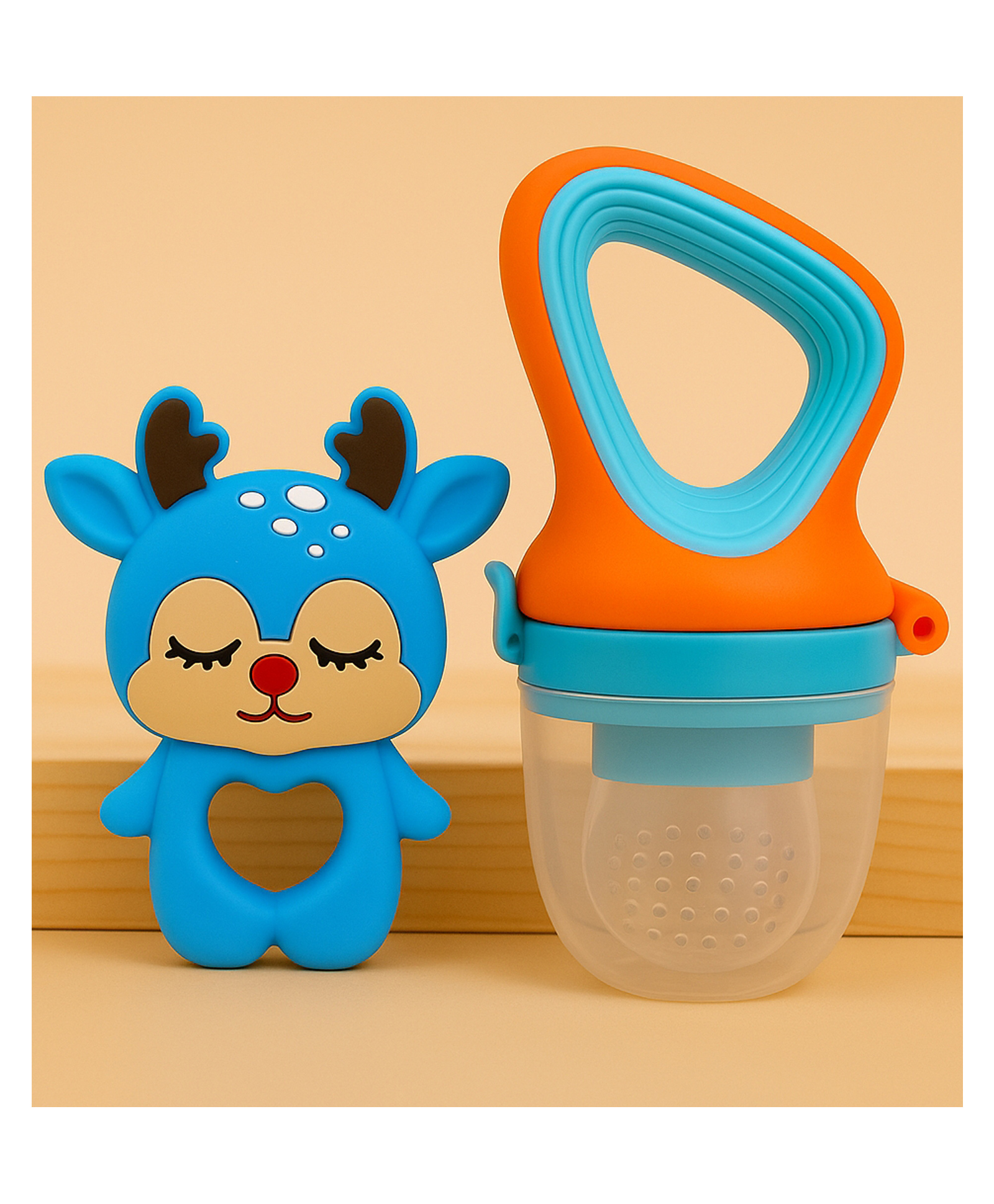 Badal Kidz Fruit Nibbler & Silicone Teether Combo, BPA Free, Safe for Teething Babies - Orange & Dark Blue-image-44